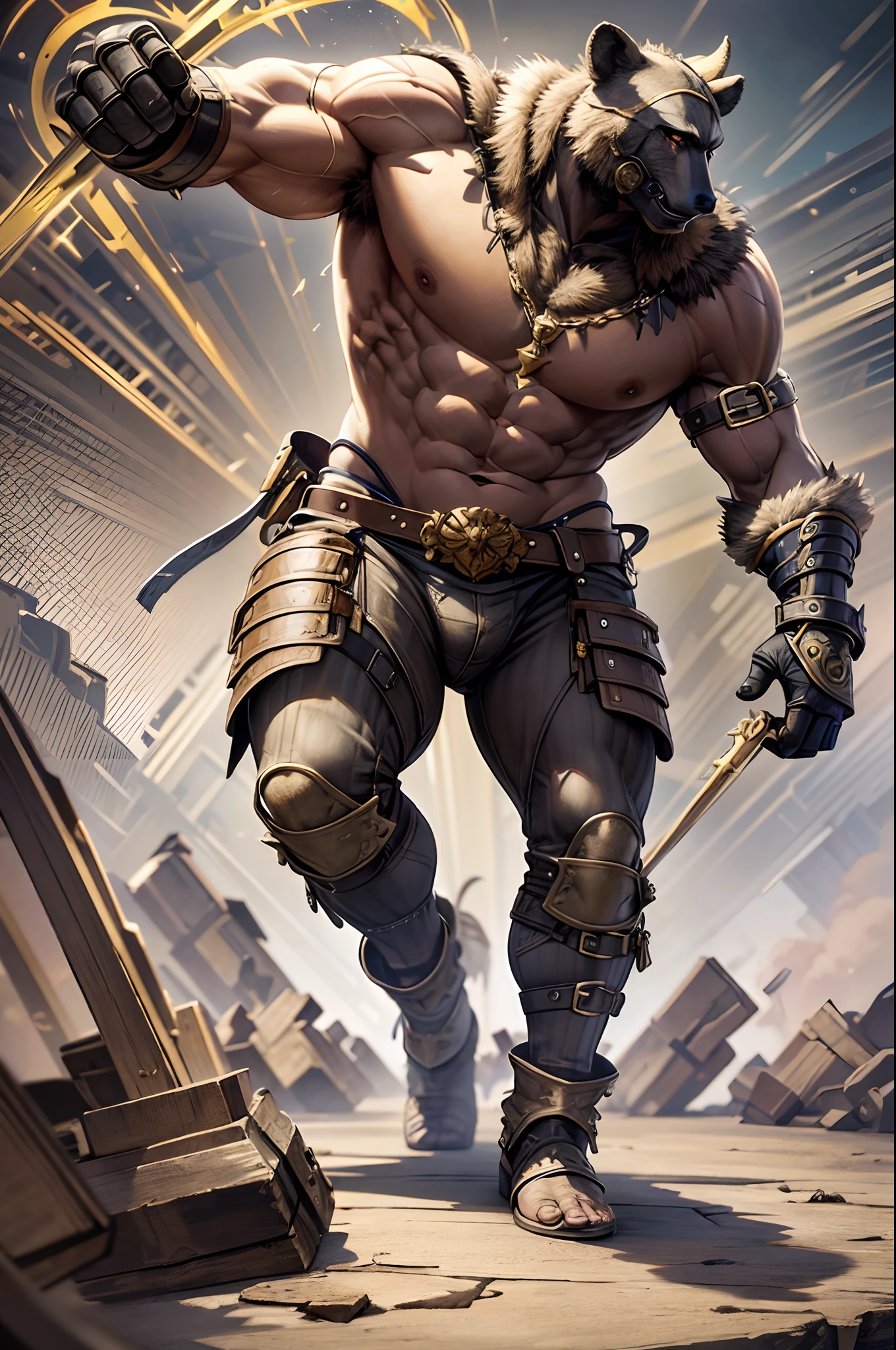 Game character standing drawing design,Black Bear Warriors,Fur shoulders,Stout limbs,Muscle explosions,Equipped with a huge chain boxing holster,Different layers overlay,Different angles,(Left view full body:1.4),solid color backdrop,clean backdrop,depth of fields,high light,Real light,Ray traching,OC renderer,UE5 renderer,Hyper-realistic,best qualtiy,8K,Works of masters,super-fine,Detailed pubic hair,Correct anatomy,