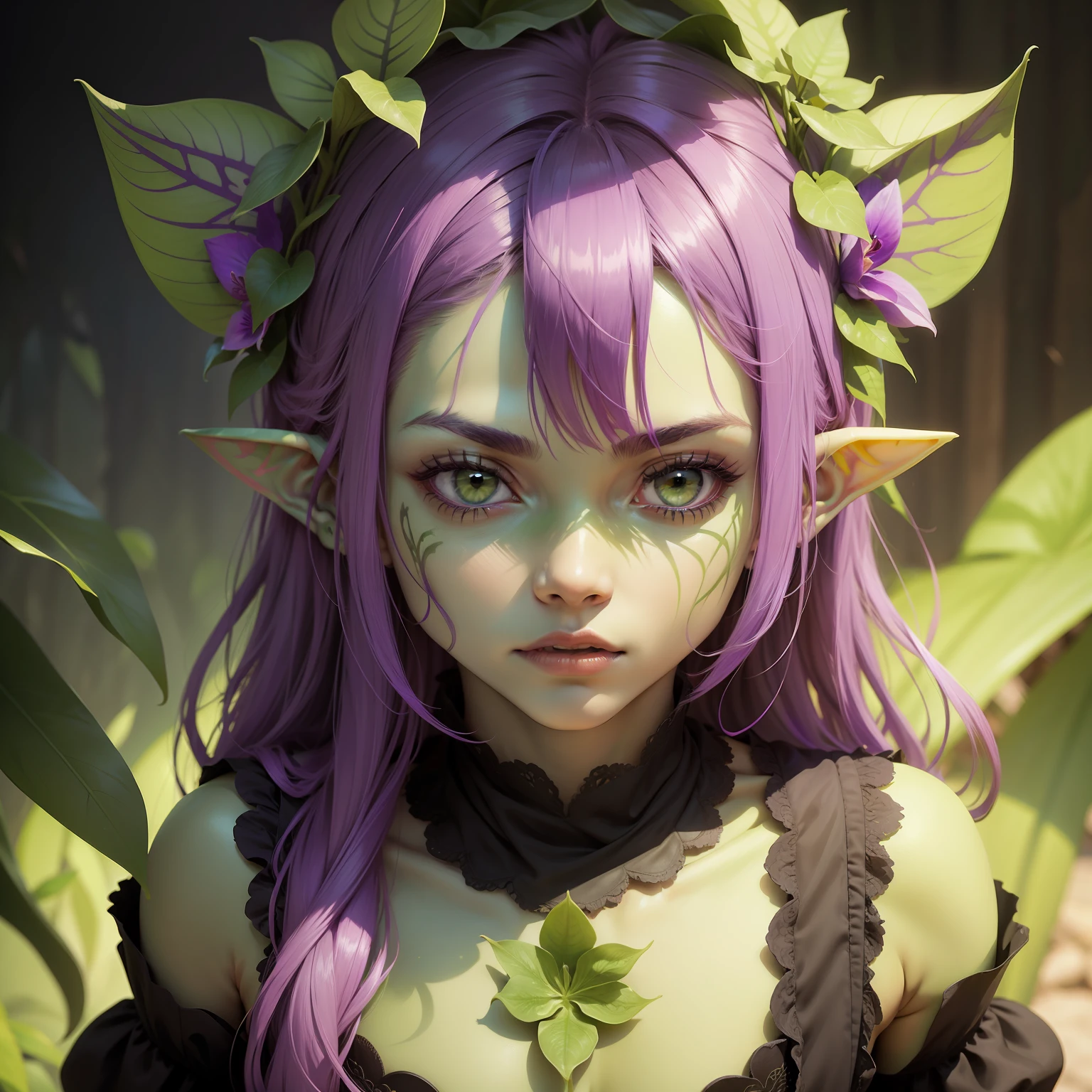 (best quality), a small black elf of exotic appearance, black hair with purple locks and blue eyes, dressed in a baggy outfit in earthy tones, holding a small flower in her delicate hand, in an ethereal environment with a soft light.