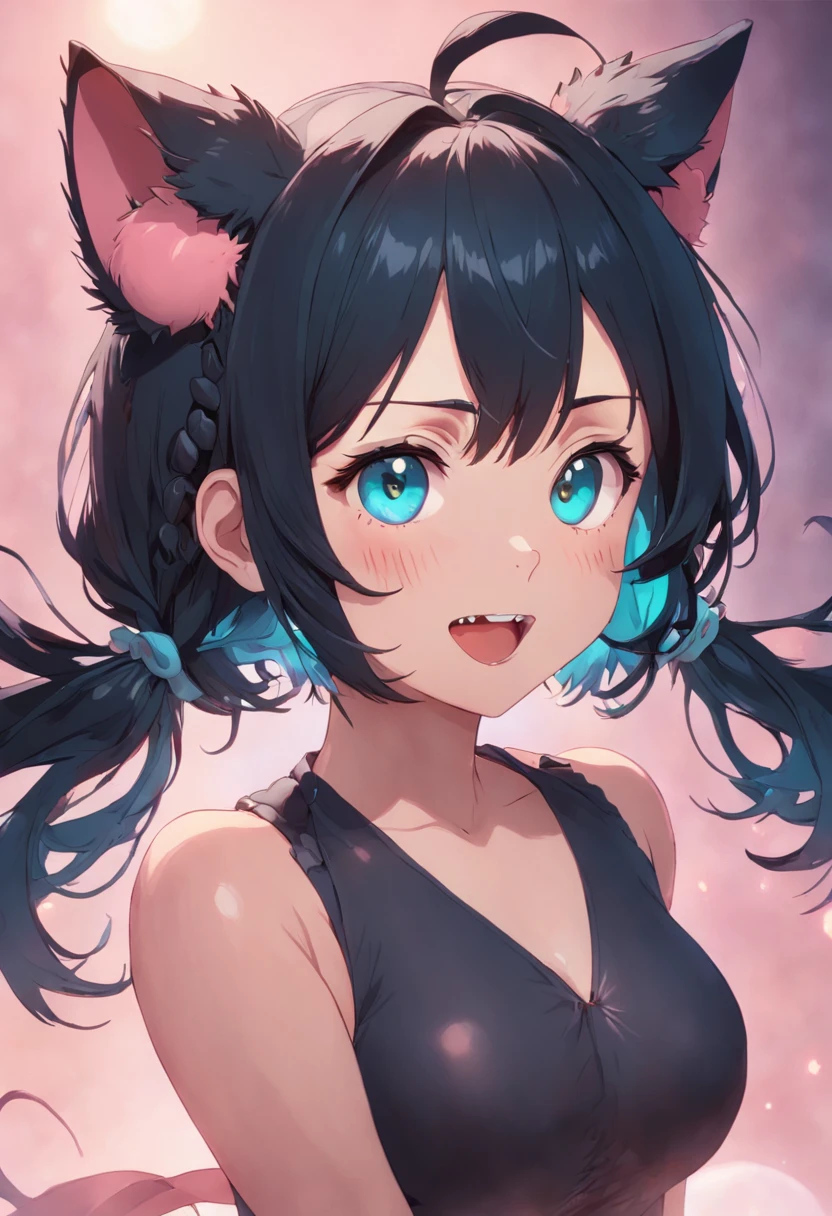 black hair, hair bobbles, wince, longeyelashes, solid circle eyes, fake animal ears, light smile, ear blush, fang, Surrealism, drop shadow, anaglyph, stereogram, tachi-e, pov, atmospheric perspective, 8k, super detail, ccurate, best quality,no bra