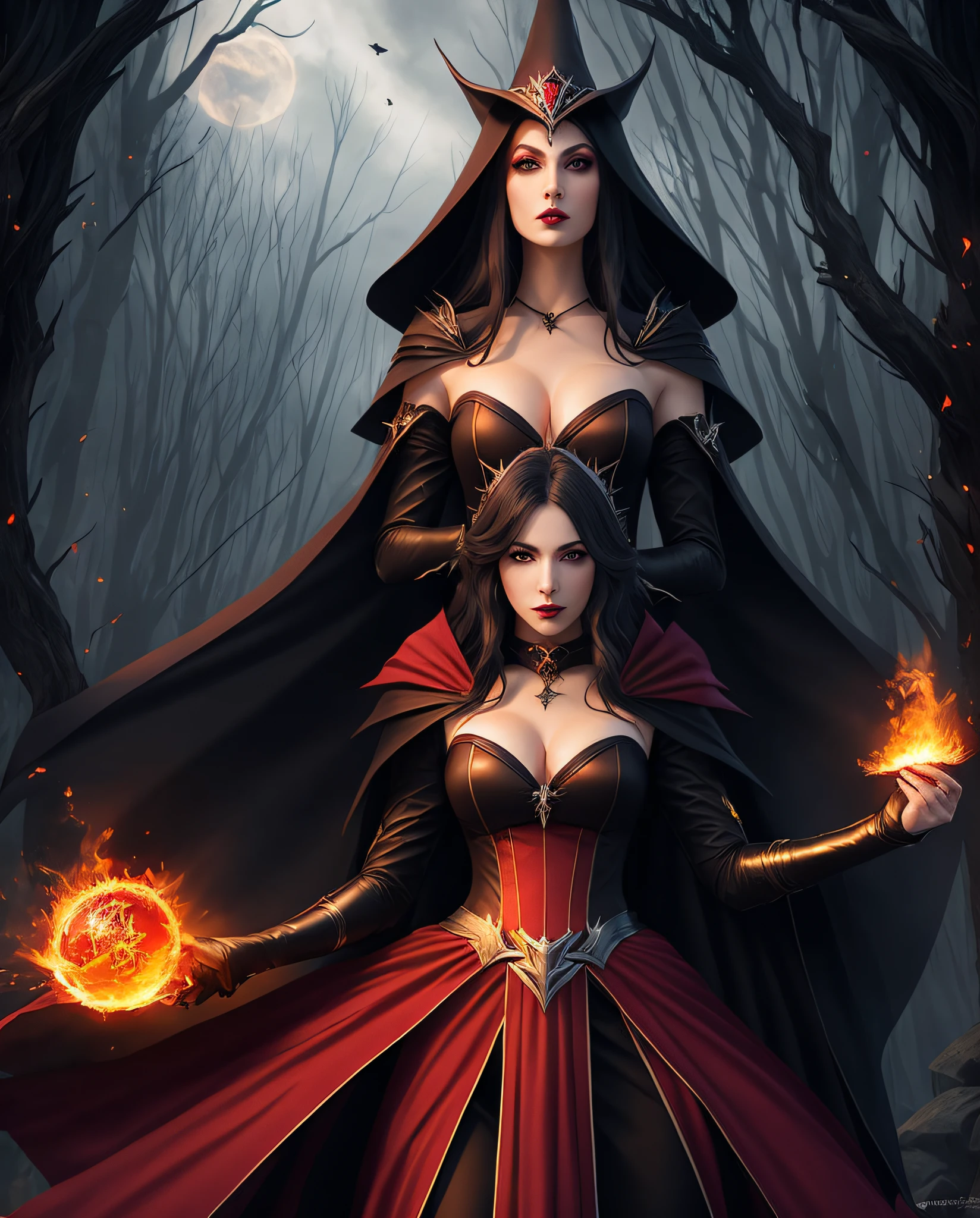 Facing the camera, ((upper body:1.3)), pale skin, 1elder witch queen:1.3, elder witch queen dressed in red witch outfit, megumin costume, beautiful witch, dark witch, dark fantasy magician, evil witch, dark witch, beautiful witch, dark witch character, classical witch, beautiful witch, dark fantasy style art, magic scene, ultra-detailed, hyper sharp, fine quality, spelling fire magic, fireball, dynamic,
