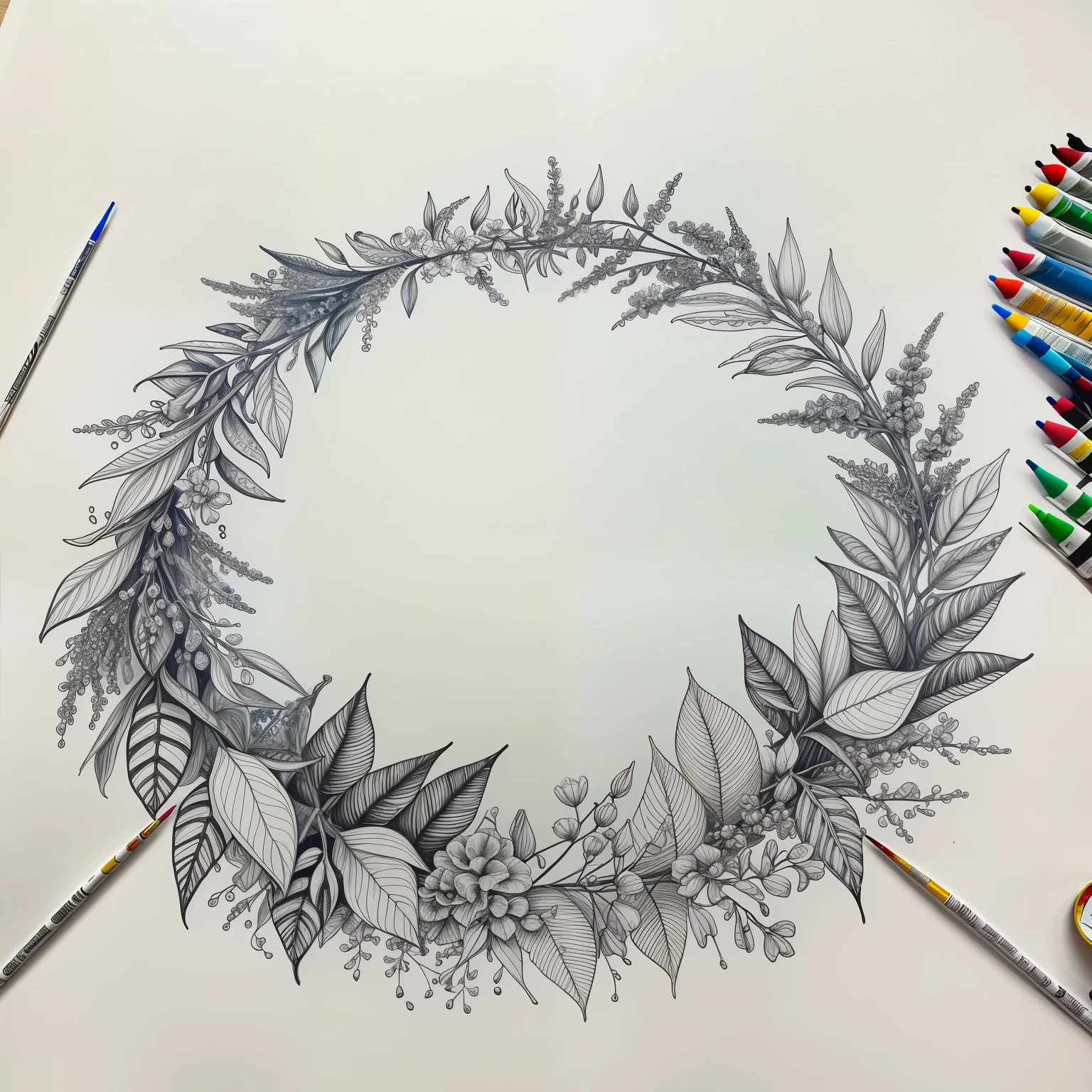 Colouring There is a wreath made of leaves and flowers, black and white line drawings.  Semi-Realistic Shadowless, Highly Detailed Lines 8K, Highly Detailed Lines 8K, Highly Detailed Drawings, In Gouache Detailed Drawings, Matte Gouache Illustrations, Very Detailed Drawings, Detail  realistic painting, realistic detailed painting, made of leaves, detailed gouache painting, 2 d gouache illustration, highly detailed painting