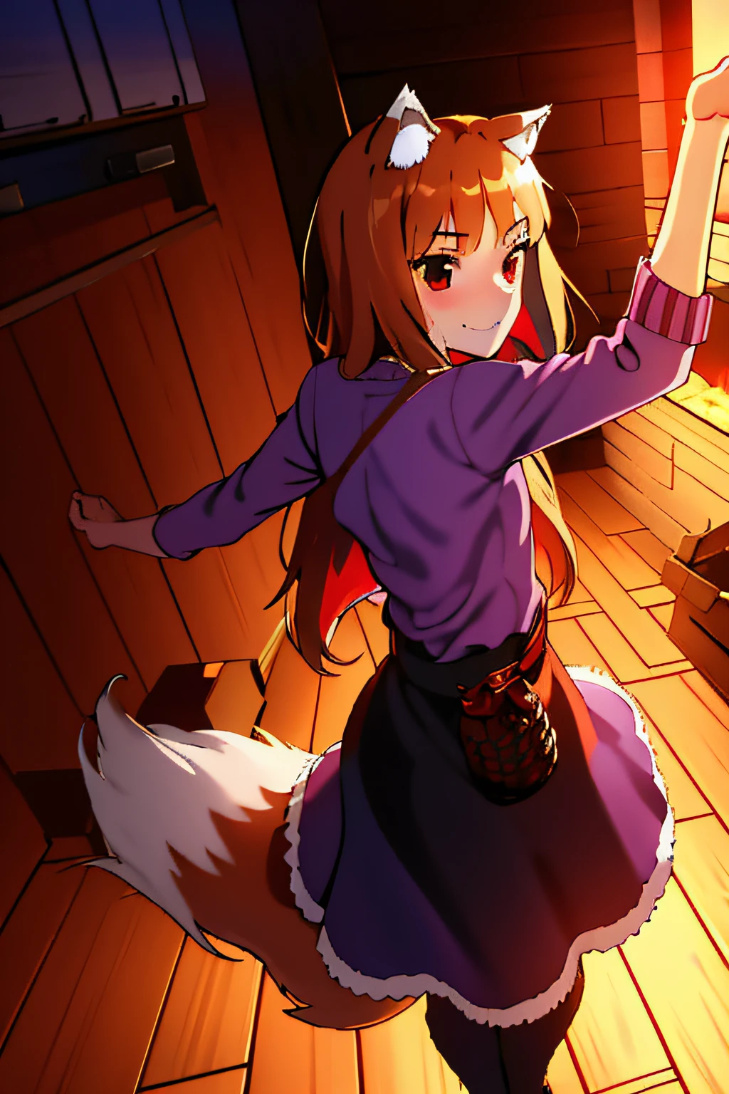 absurdres, best quality, masterpiece, novel illustration,(spice and wolf), (((holo))), (spicytail), (koume keito:1), (ayakura juu:1), (kawakami rokkaku:1), looking at viewer, wolf_ears, wolf_girl, wolf_tail, holo, animal_ears, 1girl, long_hair, brown_hair, purple_shirt, solo, brick_wall, pouch, fang, red_eyes, smile, barrel, dancing