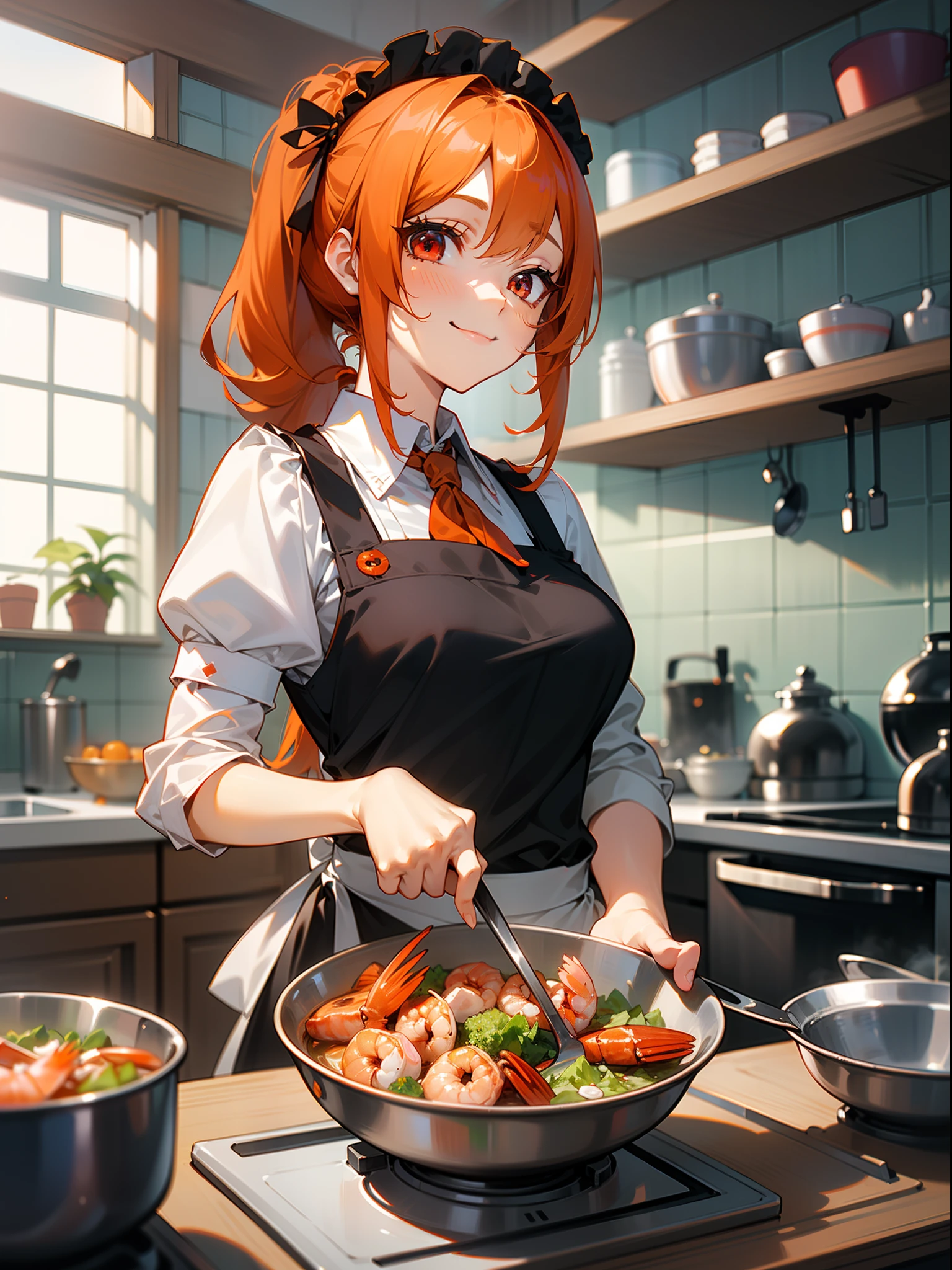 masutepiece、Best Quality、hight resolution、(1girl in、独奏、Competing Art、Orange hair、poneyTail、big eye、Red Eyes、A slight smil、Maid Fashion、Cooking in the kitchen、Holding a large shrimp in your hands)