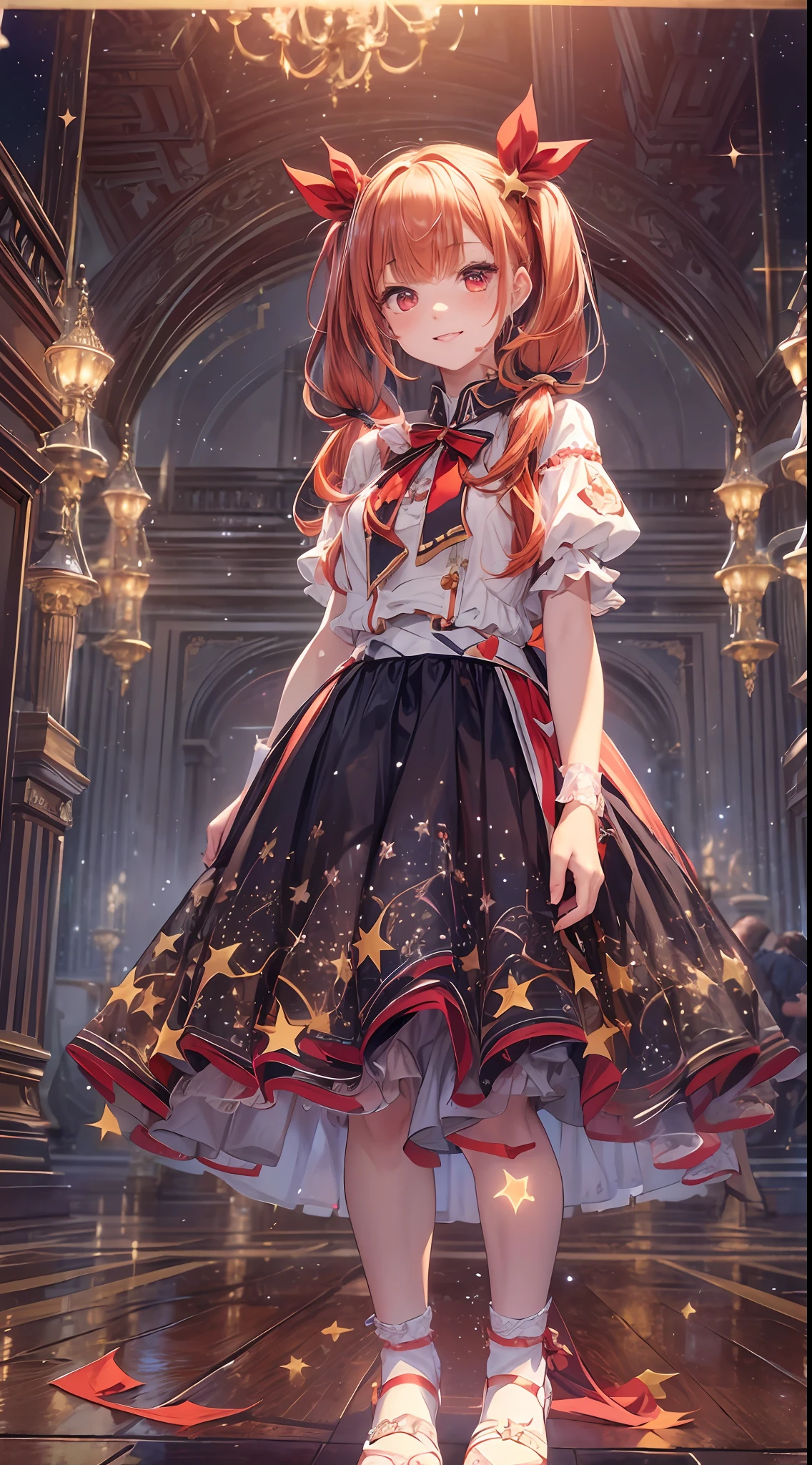 (fullbody, legs and shoes visible: 1.2)) expressive eyes, woman, pale skin, long hair, windblown hair, ((long hair)), long sidelocks, hime bangs, hair fringe, hair bun, ((long twintails)), flaming hair, red hair, blushing, full face blushing, big sparkling glowing red eyes, (gradient eyes), open mouth smile, cute pose,
flowy flaming dress, ((scarlet multicolored open dress)), (mist), orange ruffles, yellow frills, (light red lace), detached short sleeves, puffy skirt, ((fire and stars print skirt : 1.3)), lolita skirt, dark red bows, ((pompon ribbons hair ornament : 1.4)), multiple bows, striped lace stockings, (heart shaped leg garter), cute (dark orange) shoes ((hyperdetailed clothing and fashion)) looking at you, vintage girl, blushing, (beautiful detailed eyes), (extremely detailed CG unity 8k wallpaper) (best shadow), ((an extremely delicate and beautiful)), (detailed light), ((depth of field)) big head, big sparkling eyes, moe, splash art, cinematic lighting, frontal view, volumetric lighting maximalist photo illustration 64k resolution high res intricately detailed complex key visual precise linear 
((in the dark palace background, surrounded by expensive decor, shooting stars)) ((hyperdetailed scenery, foggy, darkness : 1.3))
