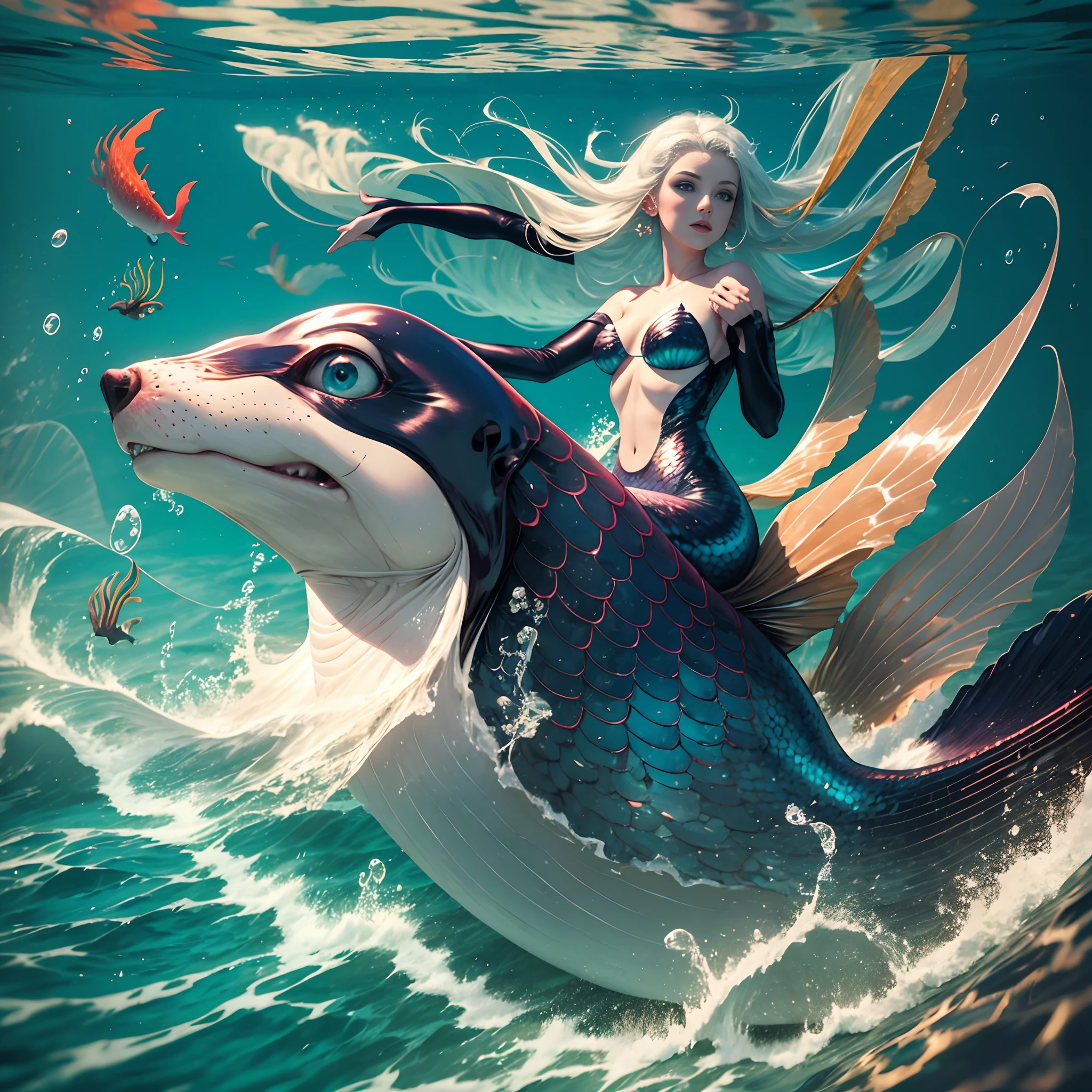 mermaid riding a squid, sunken ship --auto --s2