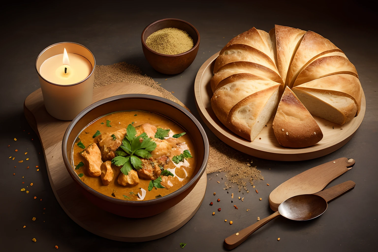 ((masterpiece:1.3,concept art,best quality)),nature morte,closeup shot of bread and chicken curry gurnished wel, in noble fancifull arrangement,decorated with aesthetic candle and soft toning food photography light, dark, nonreflective props, canon EOS 6D , 5 0 mm, extra sharp, golden toned , Dark blcked tone food photoraphy,authentic style, curving lightsource ,, right side multi coloured light source , urban decoration, chopping block,abundance,view from above,spices,juices,droplets,abstract steaming background,intricate detail,insane detail,(creepy,fantasy art),cinematic lighting,editorial photography,food photography , extream detailed, RAW, HDR, realistic food photography , high dynamic range