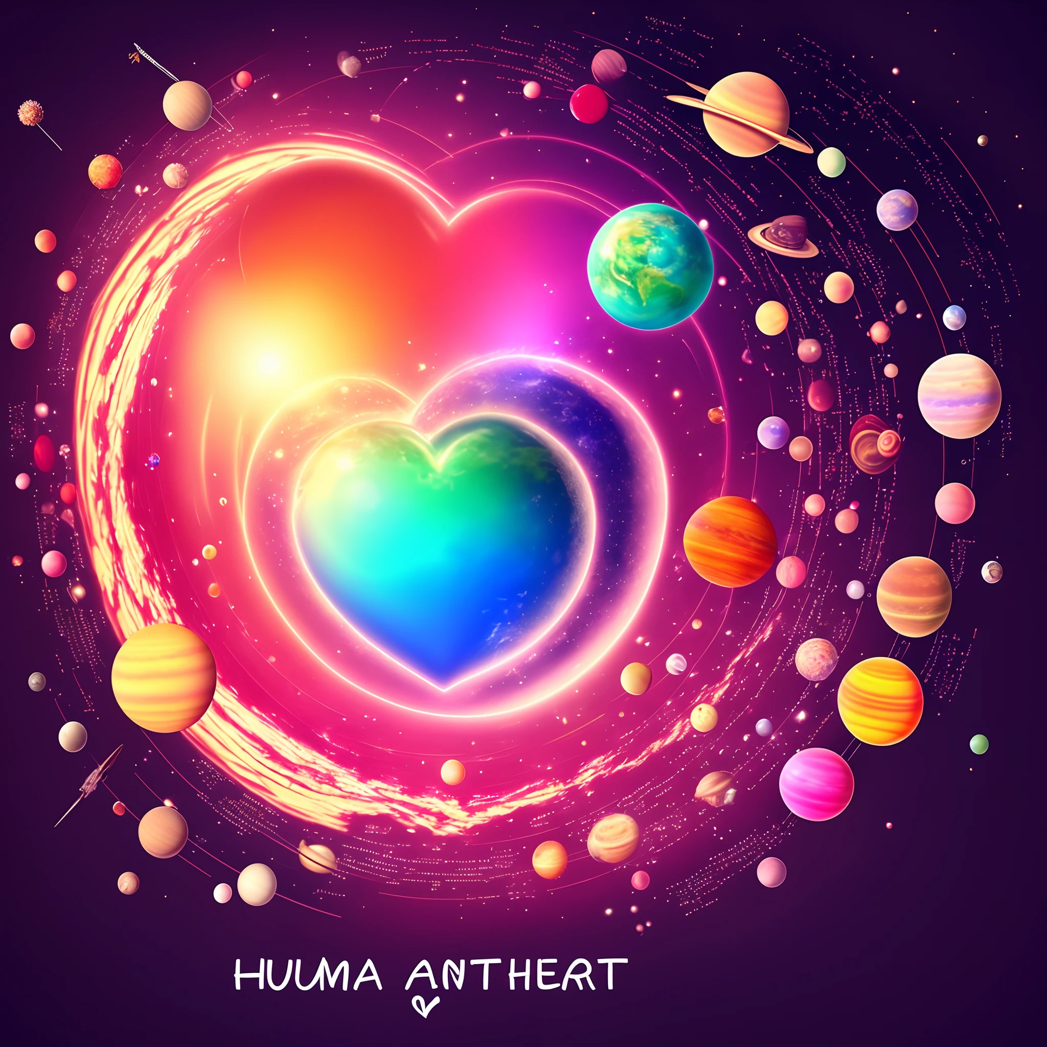 Human heart organ, background is planets, pinked theme, lollipop and candy surround it