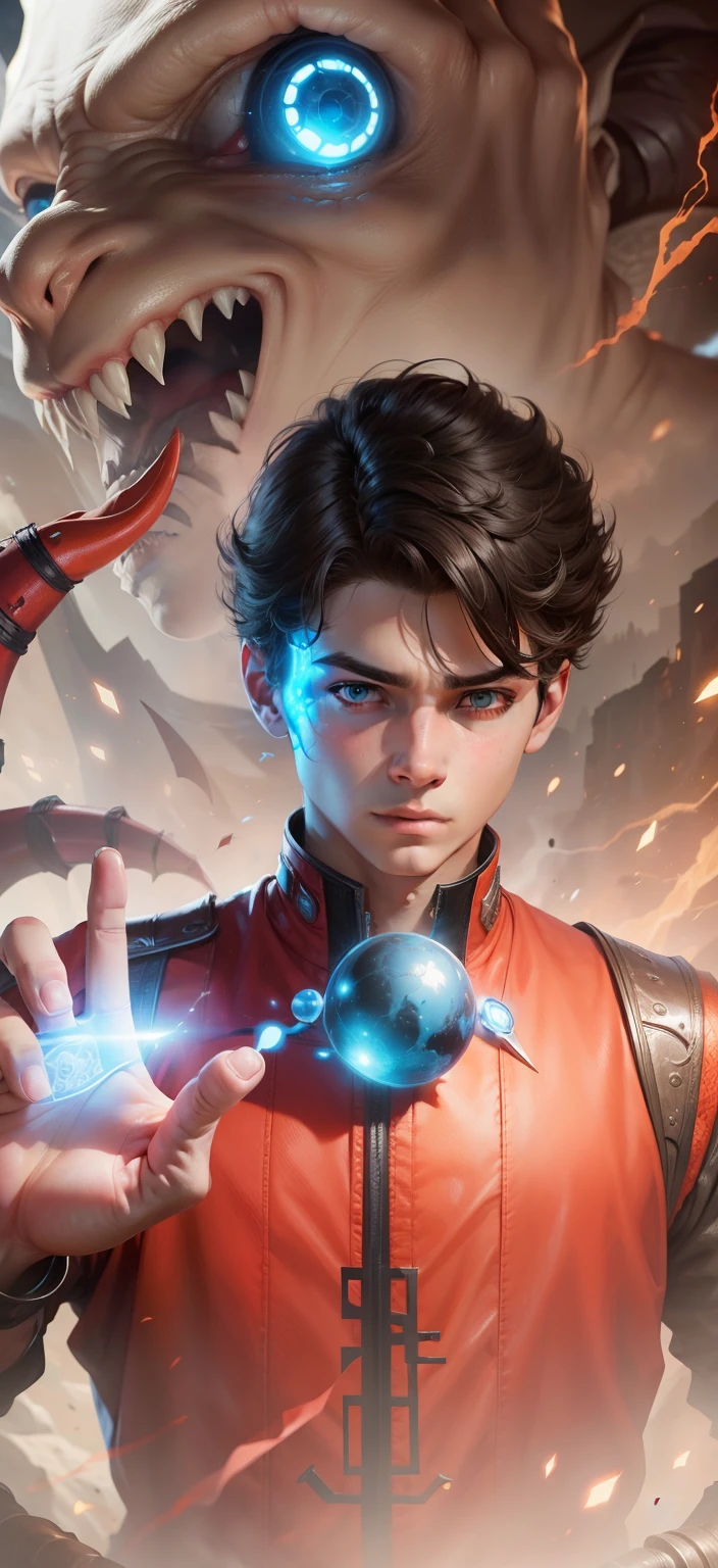 Boy With hand Magic Futuristic monsterbackground realistic face ultra realistic high quality HD
