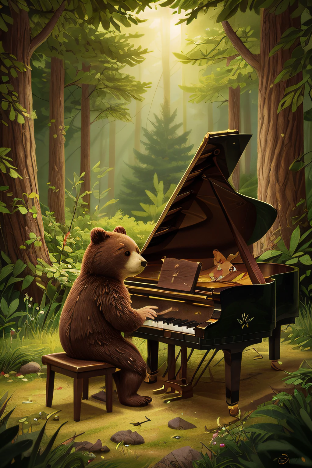 Little Bear plays the piano，In the deciduous forest，The notes float in the air，The bear's facial features are delicate，The piano structure is reasonable，The texture is fine，Little Bear focused his eyes on the score。