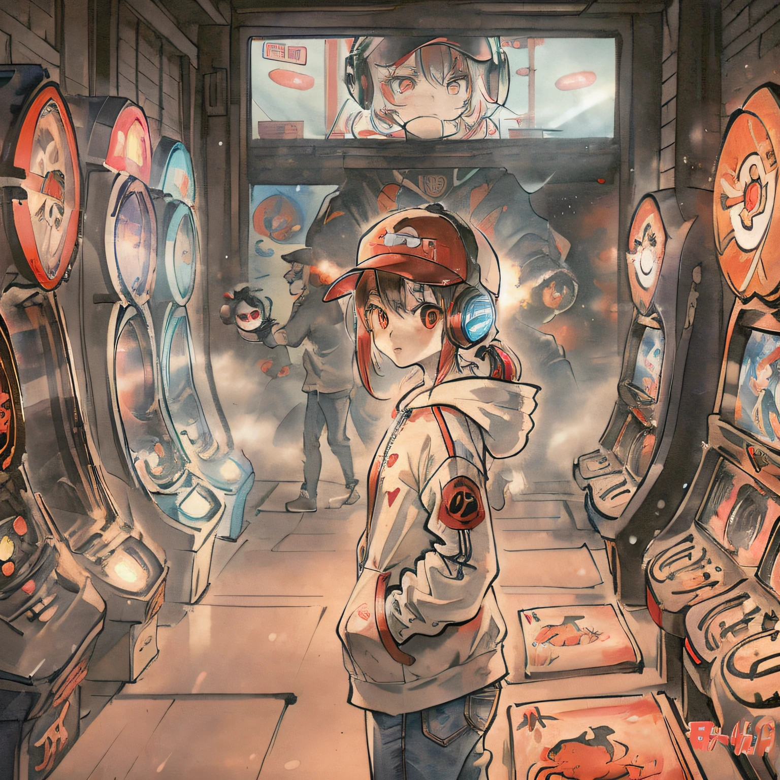 ((masterpiece)), (((best quality))), ((illustration)),(depth of field:1.2)
//Normal starter
,solo,dynamic angle,(1 girl:1.3),bangs,headphones,red eyes,white hair,(disheveled hair),Baseball cap,(jacket|hoodie),jeans,thigh strap,hands in pocket,cowboy shot,
//Character details portrayal
Moody Lighting,(arcade games:1.1),(Game Center:1.5),(Game Hall:1.1),(backlight:1.3),intricate detail,cyberpunk,slot machine,claw crane game machine,(crowd:1.1), //Scene description and lighting
(Pixel particles exploding:1.2)
//Fill the screen
Crowd tag(crowd)Opt in or not