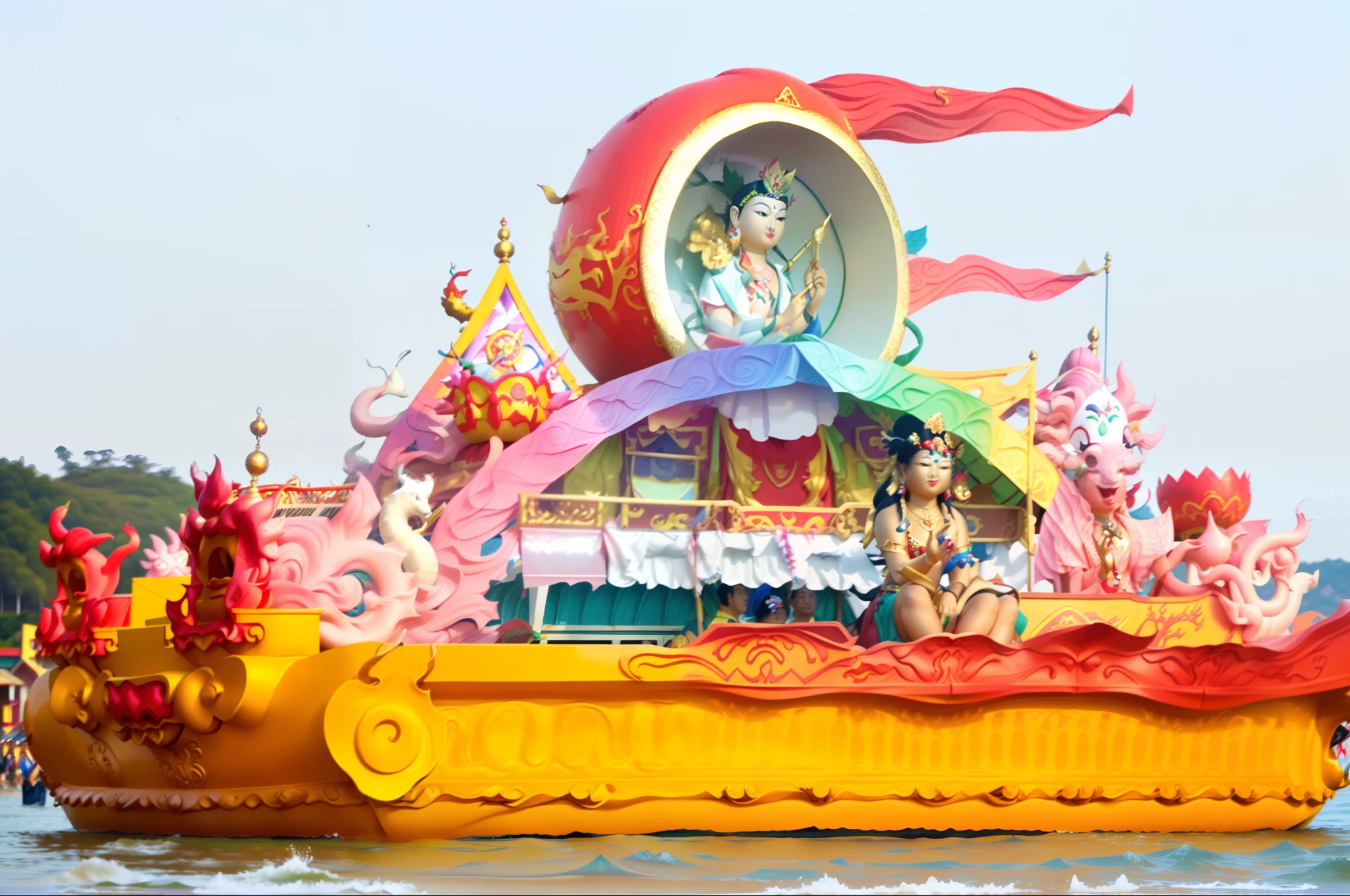 There is a picture of a woman on the Alatei float, Parade floats, Float Carnival, Magic parade floats, yellow dragon head festival, Some floating billboards, queen of the sea mu yanling, festivity, thailand art, author:Jeff Koons, Journey to the West. Pop art, Parade settings, guanyin of the southern seas, Giant sculpture