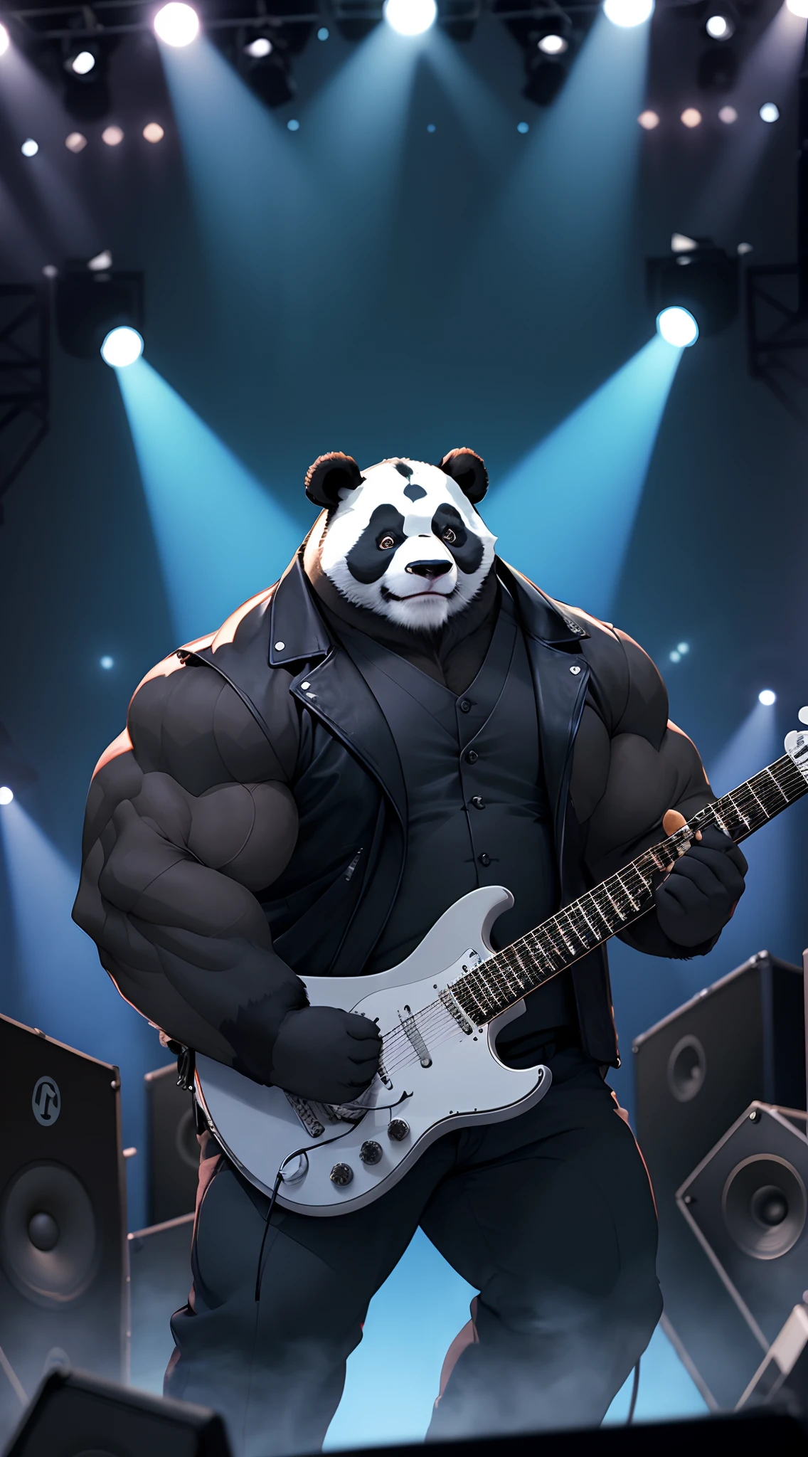Create an image of a muscular ((panda furry)) playing an electric guitar on a stage. The panda should have a muscular build and (wear a leather vest or jacket). The fur should be black and white with defined muscles visible through the fur.

The panda should be shown playing a sleek black electric guitar with a white pickguard, plugged into a stack of speakers on the stage. The guitar should be distorted with a rock and roll feel. The panda should be captured mid-performance with its eyes closed and its head tilted back, lost in the music.

The stage should be set with a spotlight shining on the panda and with a crowd of cheering fans in the background. The fans can be depicted as other anthropomorphic animals or humans. The background can be a dark and moody stage setting with smoke or fog to create a rock and roll feel. The panda’s muscular build should be emphasized, with defined muscles visible in its arms and chest as it rocks out on the guitar.