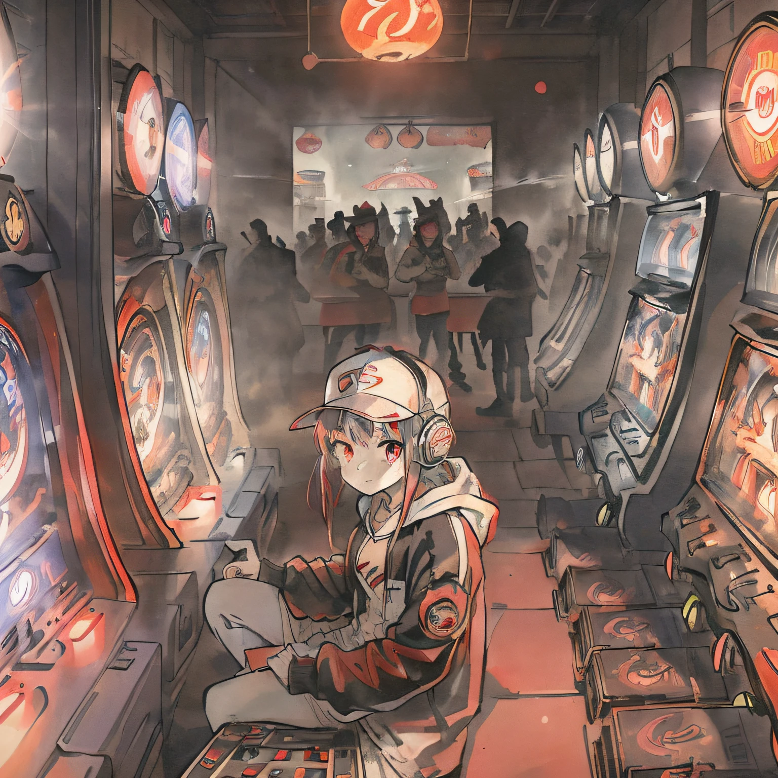 ((masterpiece)), (((best quality))), ((illustration)),(depth of field:1.2)
//Normal starter
,solo,dynamic angle,(1 girl:1.3),bangs,headphones,red eyes,white hair,(disheveled hair),Baseball cap,(jacket|hoodie),jeans,thigh strap,hands in pocket,cowboy shot,
//Character details portrayal
Moody Lighting,(arcade games:1.1),(Game Center:1.5),(Game Hall:1.1),(backlight:1.3),intricate detail,cyberpunk,slot machine,claw crane game machine,(crowd:1.1), //Scene description and lighting
(Pixel particles exploding:1.2)
//Fill the screen
Crowd tag(crowd)Opt in or not