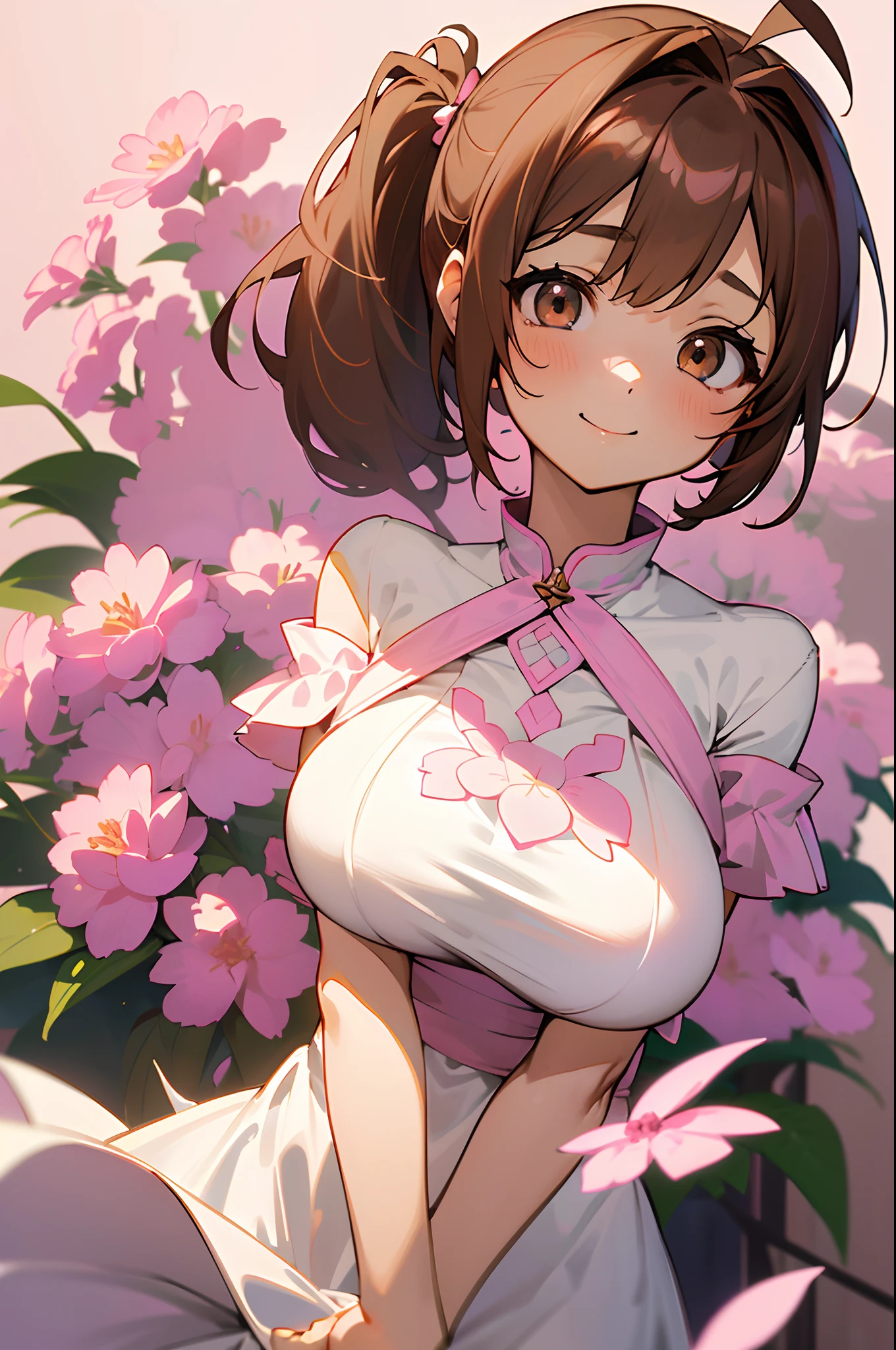 masutepiece、Best Quality、hight resolution、(1girl in、独奏、big eye、dark brown eyes、light brown hair、Side Ponytail、large full breasts、Ahoge、Plain white off-the-shoulder dress、Short sleeves、frilld、Pink flowers on light background、I love you、A smile)