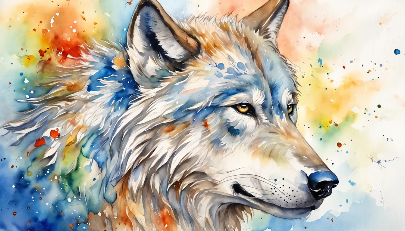 Card frame Blue wolf with rainbow colored background Extremely colorful Design the starry sky