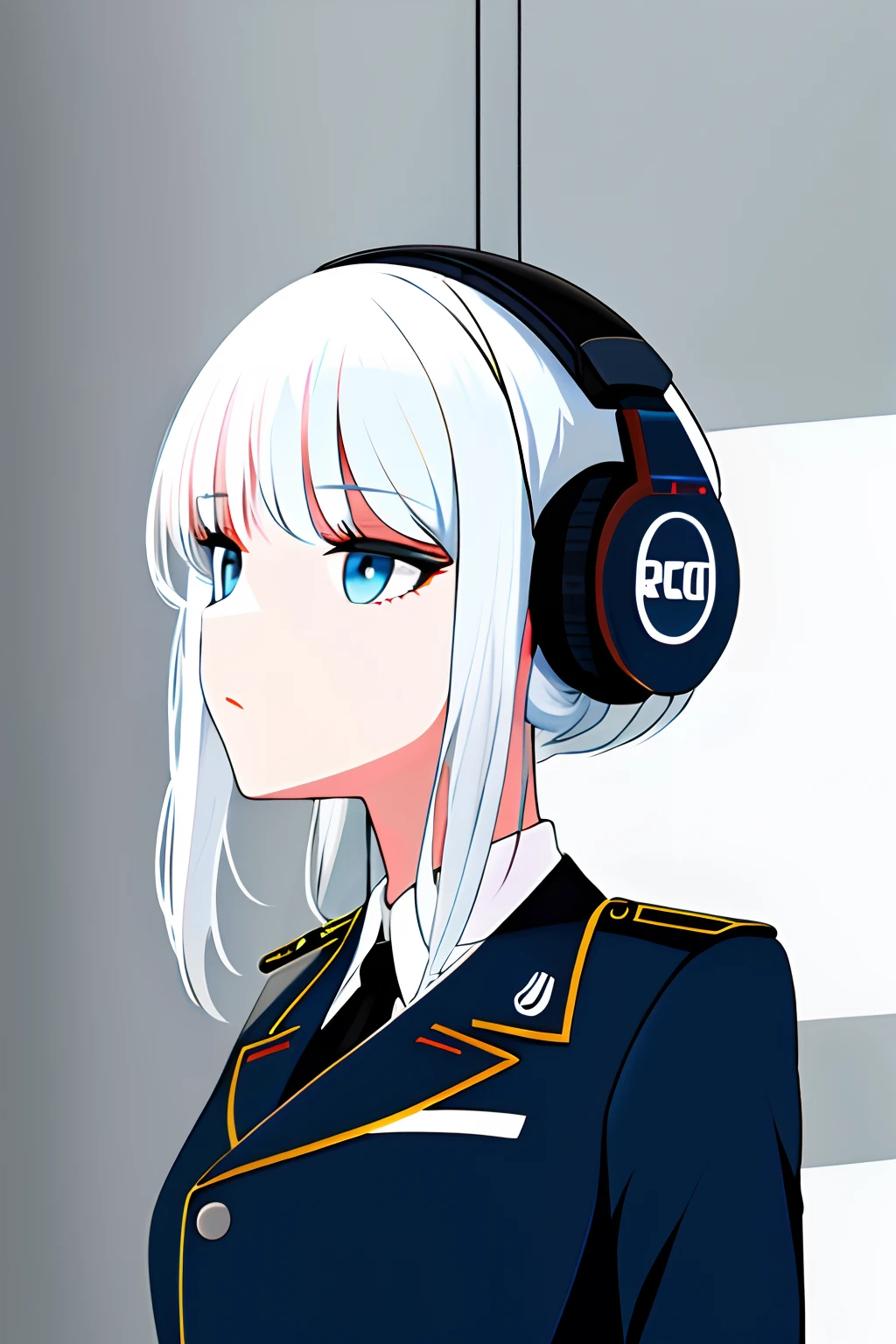 German Democratic Republic,in the afternoon,after rainny,In the office,1girll,Stasi,White color hair,blue color eyes,German Democratic Republic Stasi black uniform,attentive,Wear surveillance headphones