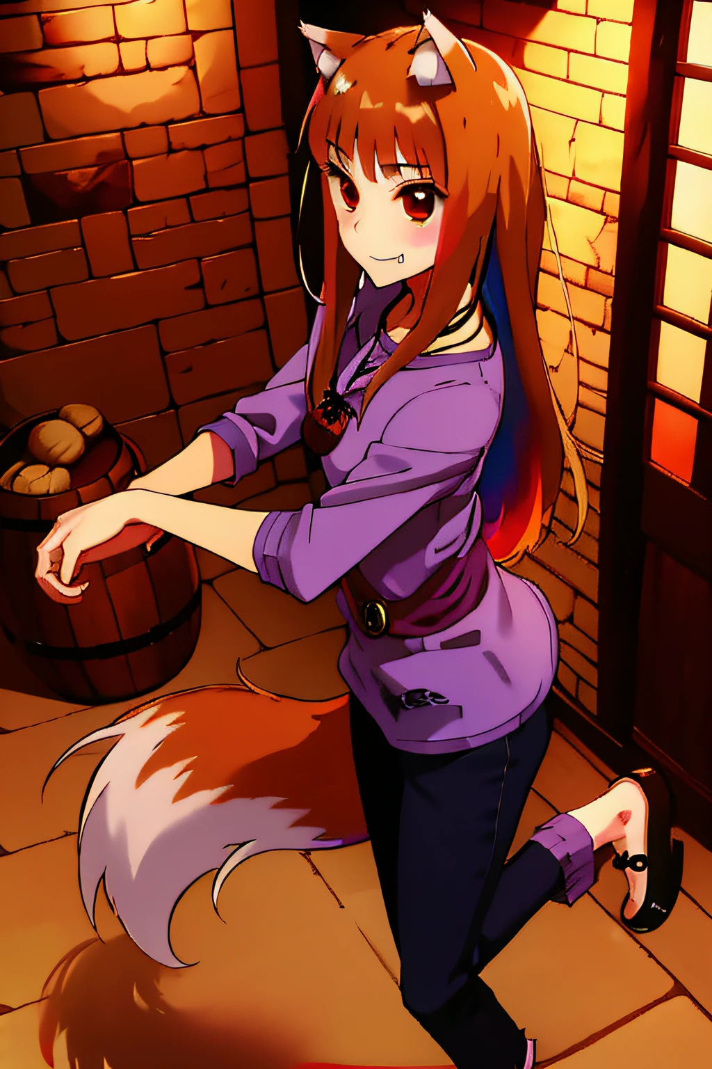 absurdres, best quality, masterpiece, novel illustration,(spice and wolf), (((holo))), (spicytail), (koume keito:1), (ayakura juu:1), (kawakami rokkaku:1), looking at viewer, wolf_ears, wolf_girl, wolf_tail, holo, animal_ears, 1girl, long_hair, brown_hair, purple_shirt, solo, brick_wall, pouch, fang, red_eyes, smile, barrel, dancing, front view