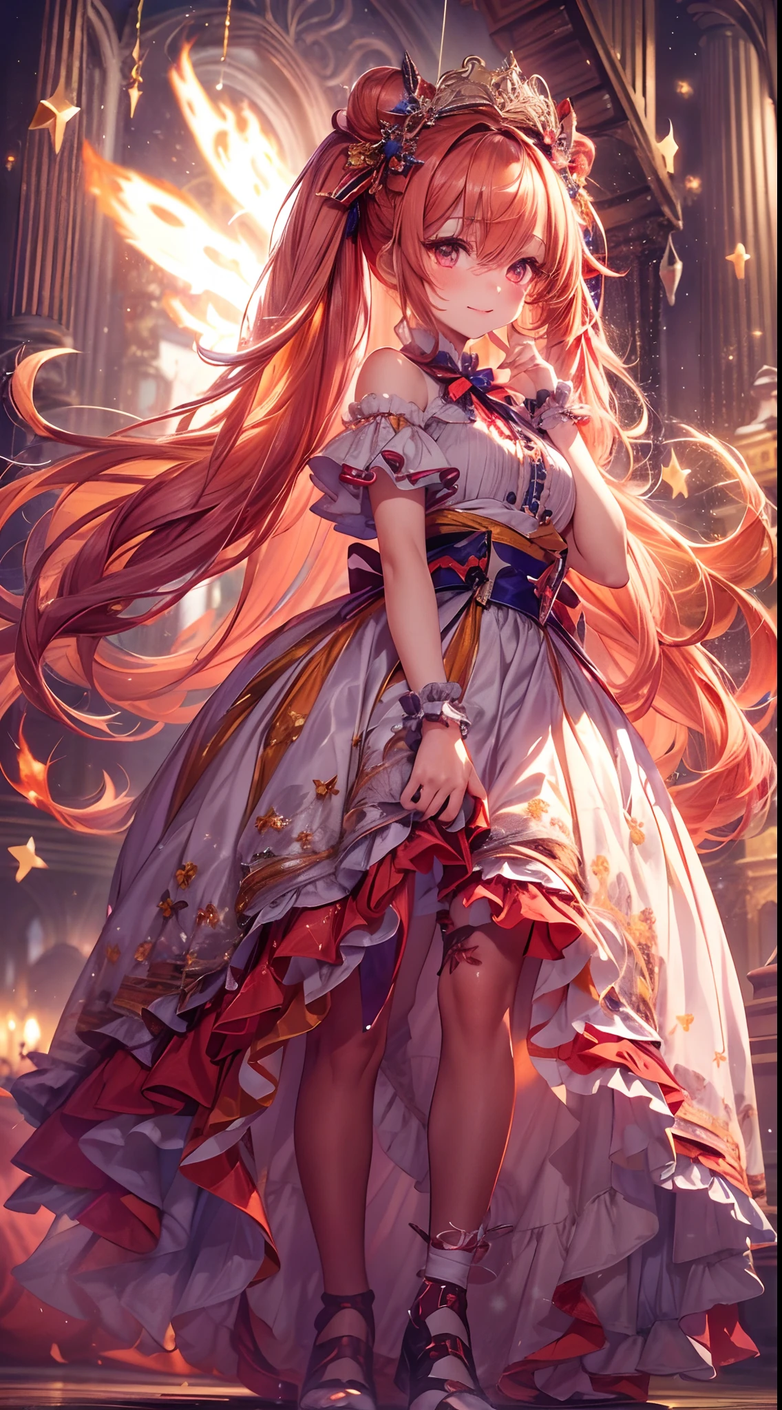 (fullbody, legs and shoes visible: 1.2)) expressive eyes, woman, pale skin, long hair, windblown hair, ((long hair)), long sidelocks, hime bangs, hair fringe, hair bun, ((long twintails)), flaming hair, red hair, blushing, full face blushing, big sparkling glowing red eyes, (gradient eyes), open mouth smile, cute pose,
flowy flaming dress, ((scarlet multicolored open dress)), (mist), orange ruffles, yellow frills, (light red lace), detached short sleeves, puffy skirt, ((fire and stars print skirt : 1.3)), lolita skirt, dark red bows, ((pompon ribbons hair ornament : 1.4)), multiple bows, striped lace stockings, (heart shaped leg garter), cute (dark orange) shoes ((hyperdetailed clothing and fashion)) looking at you, vintage girl, blushing, (beautiful detailed eyes), (extremely detailed CG unity 8k wallpaper) (best shadow), ((an extremely delicate and beautiful)), (detailed light), ((depth of field)) big head, big sparkling eyes, moe, splash art, cinematic lighting, frontal view, volumetric lighting maximalist photo illustration 64k resolution high res intricately detailed complex key visual precise linear 
((in the dark palace background, surrounded by expensive decor, shooting stars)) ((hyperdetailed scenery, foggy, darkness : 1.3))