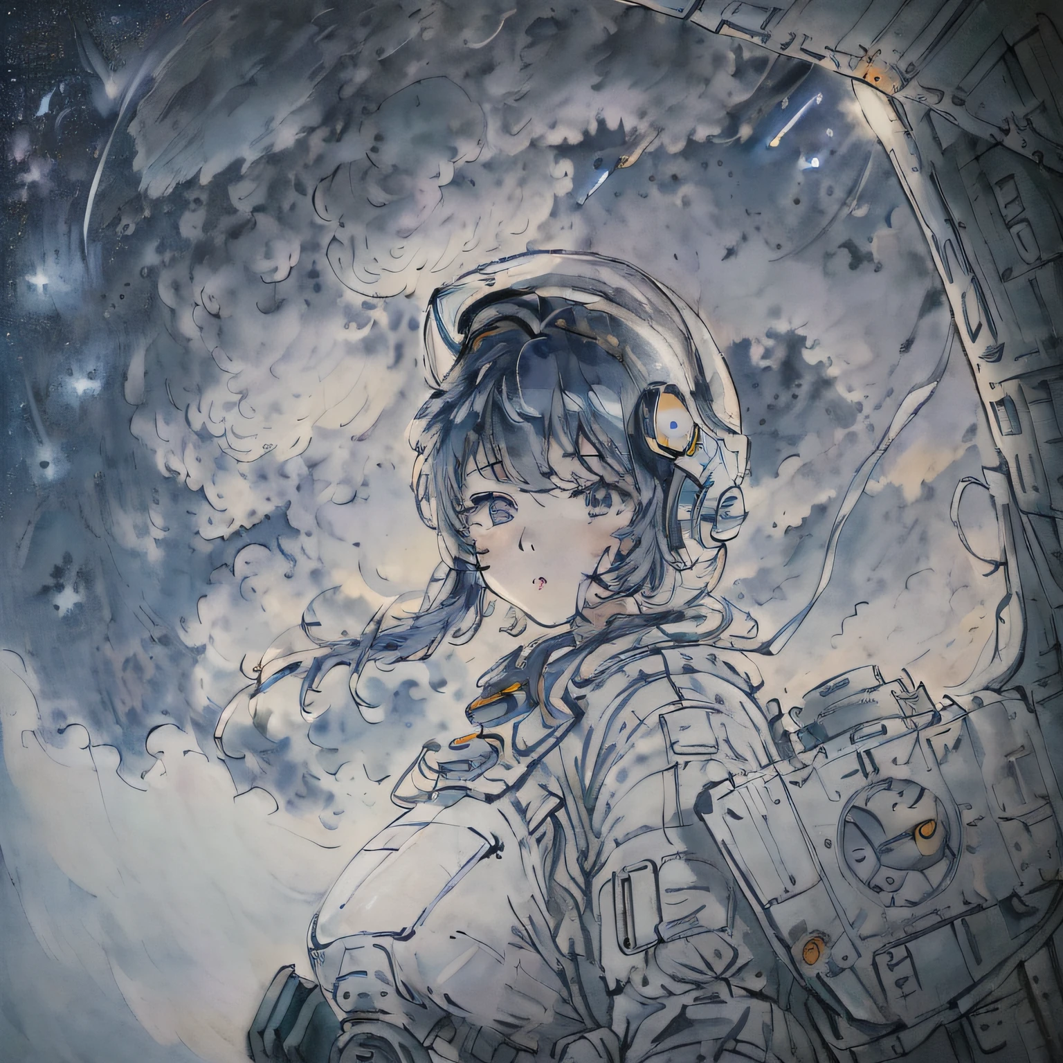 (((masterpiece,best quality,an extremely delicate and beautiful,illustration))),
(from side,medium long shot),
((a cute_detailed_girl in spacesuit,beautiful_detailed_face in aerospace_helmet)),(((upper body))),(disheveled hair:0.3),
(((clouds:0.3),multiple_luna,(floating_fortress technology machinery),night sky background)),
(cyberpunk_aerospace_helmet)