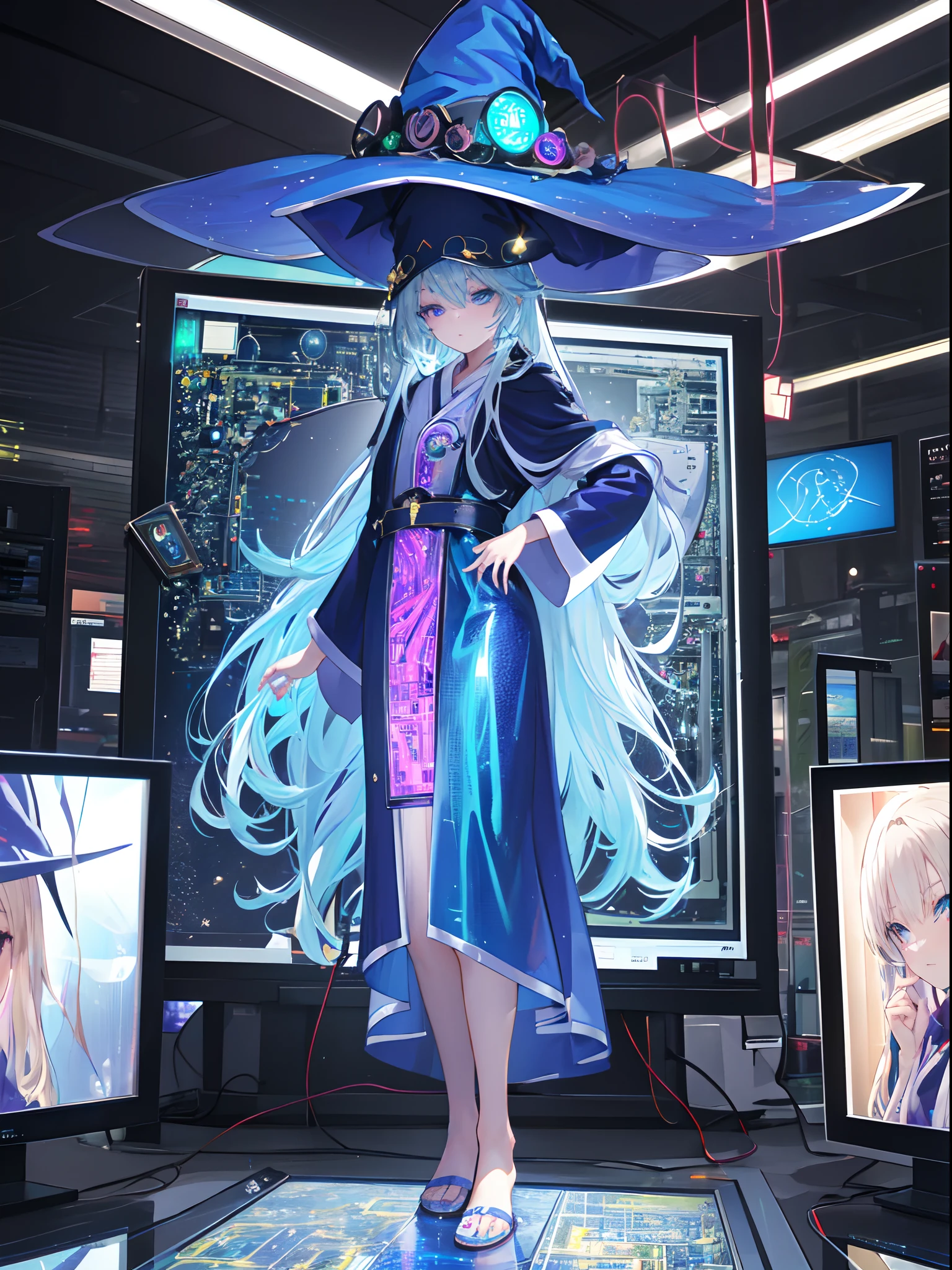 The electronic witch looks into the world. All the information that constantly flows through her. (Wearing Witch Hat and robe with electronic circuit pattern:1.5), hyper real, rich colored, black based detailed delicate cell anime work, Glossy highlights that look like wet, (Best quality), (masterpiece:1.3), ultra-detailed, (realistic), (anime style), Modest exposure, (Transparent display monitors, holographic displays:1.5), electronic sea, electromagnetic waves, wi-fi, full body shot, full enter body,