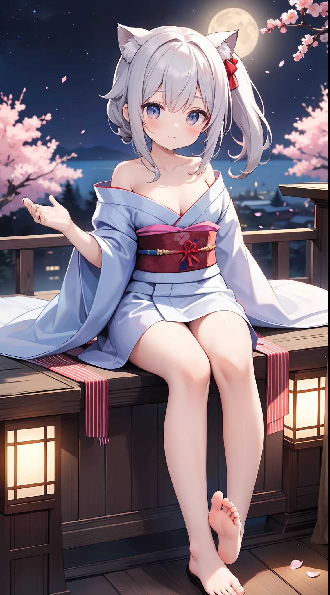 (masterpiece)、(top-quality)、(ultra-detailliert)、(独奏)、 beautiful girl、小柄、silber hair、Crims、Smaller chest、White, golden, silver, light blue and red kimono、Shoulders exposed、Cleavage emphasis、Thigh exposure、Landscape with cherry blossoms、Moon Night、Composition looking up from your feet