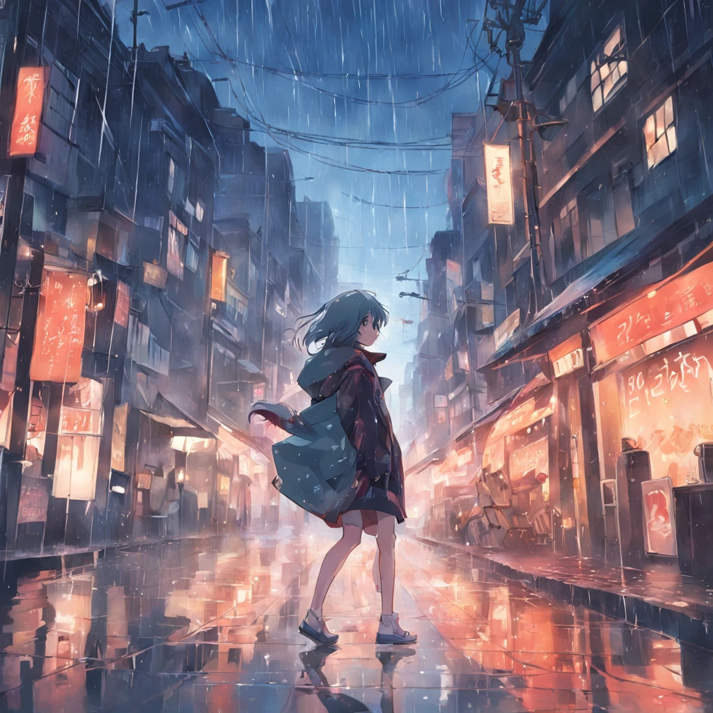 On a rainy night，I was wearing a raincoat，Handheld takeaway bag，Walk the streets on dim rainy nights，The road surface is slippery。