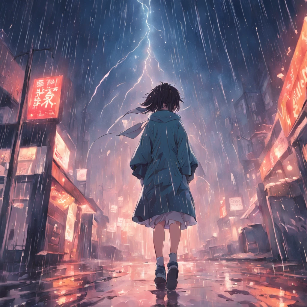 On a rainy night,I was wearing a raincoat,Handheld takeaway bag,Walk the streets on dim rainy nights,The road surface is slippery。