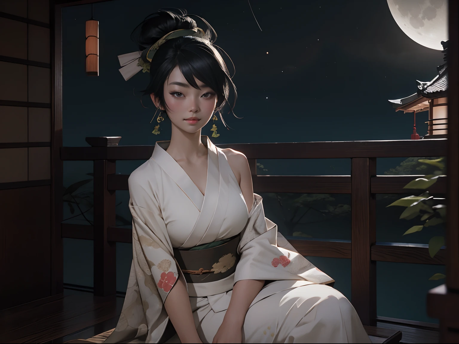 1 akali, kimono, kimono dress, nature, japanese environment, breast, opened armpit, sitting, japanese bedroom, black hair, night light, moon light, using bra, sweating,