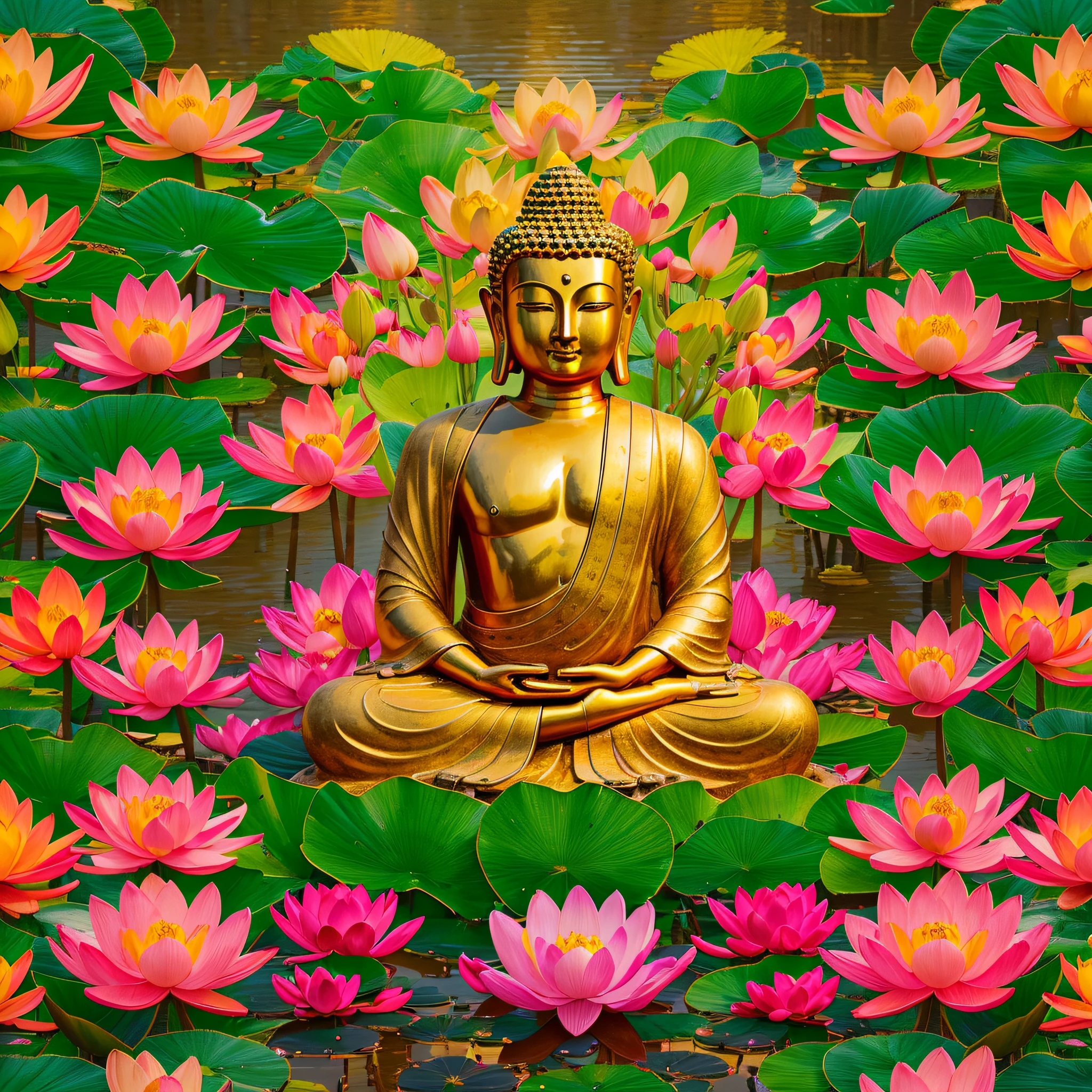 "Generate realistic Buddha statues,There is a golden halo around it,Sit on a giant lotus flower with symmetrical colors of the rainbow, The hotel is in the middle of a garden with many flowers and colors, Surround your face with colorful flowers and soft light." high-definition image, High detail and realistic style. Images of at least 300 dpi, UHD 8k