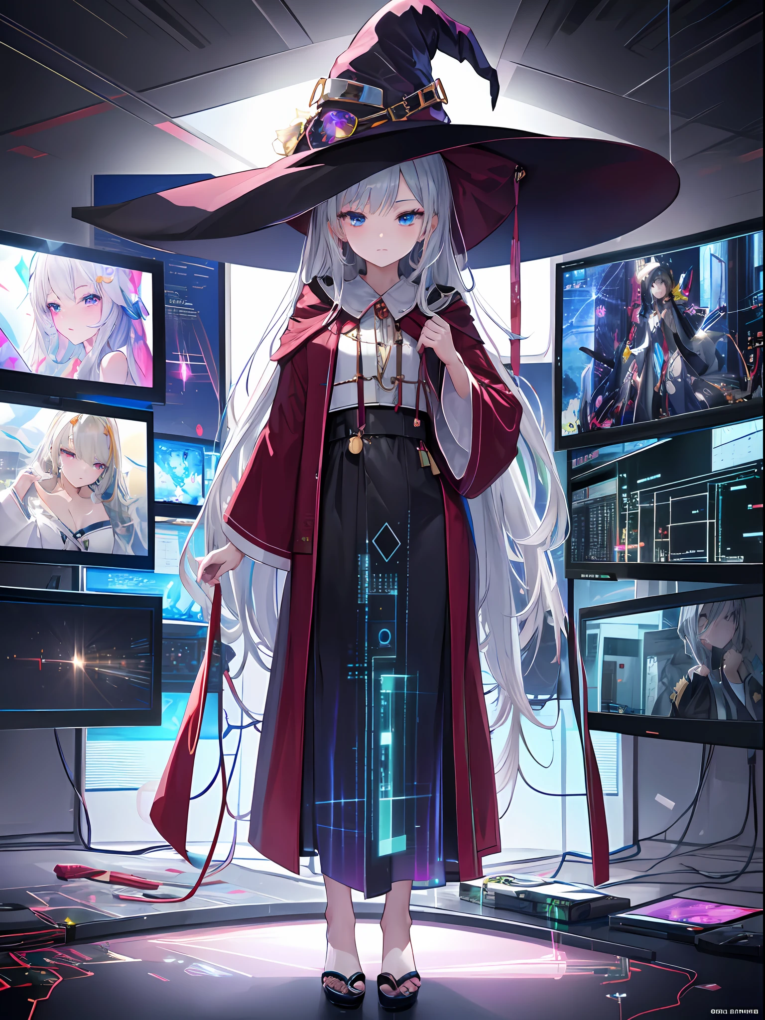 The electronic witch looks into the world. All the information that constantly flows through her. (Wearing Witch Hat and robe with electronic circuit pattern:1.5), hyper real, rich colored, black based detailed delicate cell anime work, Glossy highlights that look like wet, (Best quality), (masterpiece:1.3), ultra-detailed, (realistic), (anime style), Modest exposure, (Transparent display monitors, holographic displays:1.5), electronic sea, electromagnetic waves, wi-fi, full body shot, full enter body,