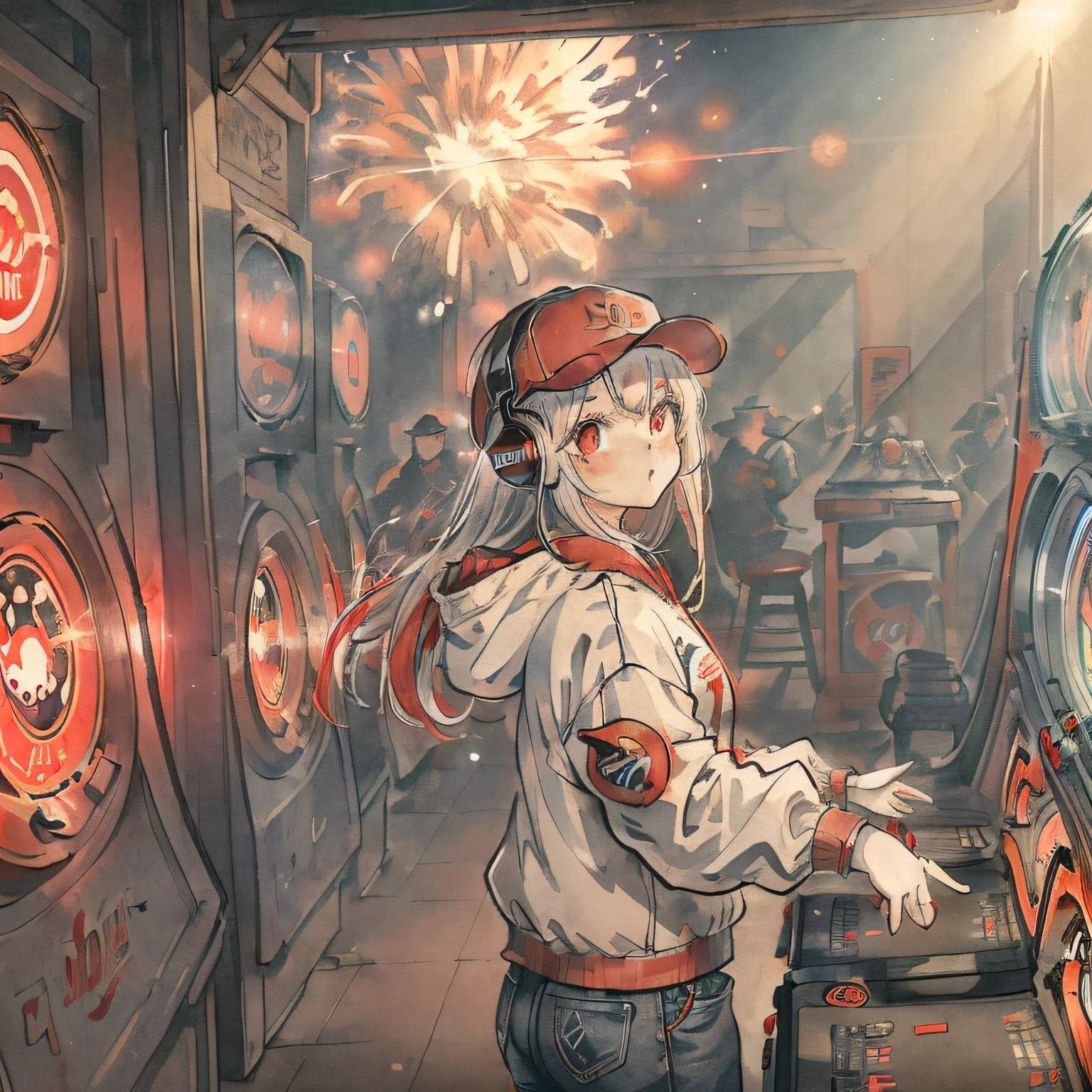 ((masterpiece)), (((best quality))), ((illustration)),(depth of field:1.2)
//Normal starter
,solo,dynamic angle,(1 girl:1.3),bangs,headphones,red eyes,white hair,(disheveled hair),Baseball cap,(jacket|hoodie),jeans,thigh strap,hands in pocket,cowboy shot,
//Character details portrayal
Moody Lighting,(arcade games:1.1),(Game Center:1.5),(Game Hall:1.1),(backlight:1.3),intricate detail,cyberpunk,slot machine,claw crane game machine,(crowd:1.1), //Scene description and lighting
(Pixel particles exploding:1.2)
//Fill the screen
Crowd tag(crowd)Opt in or not