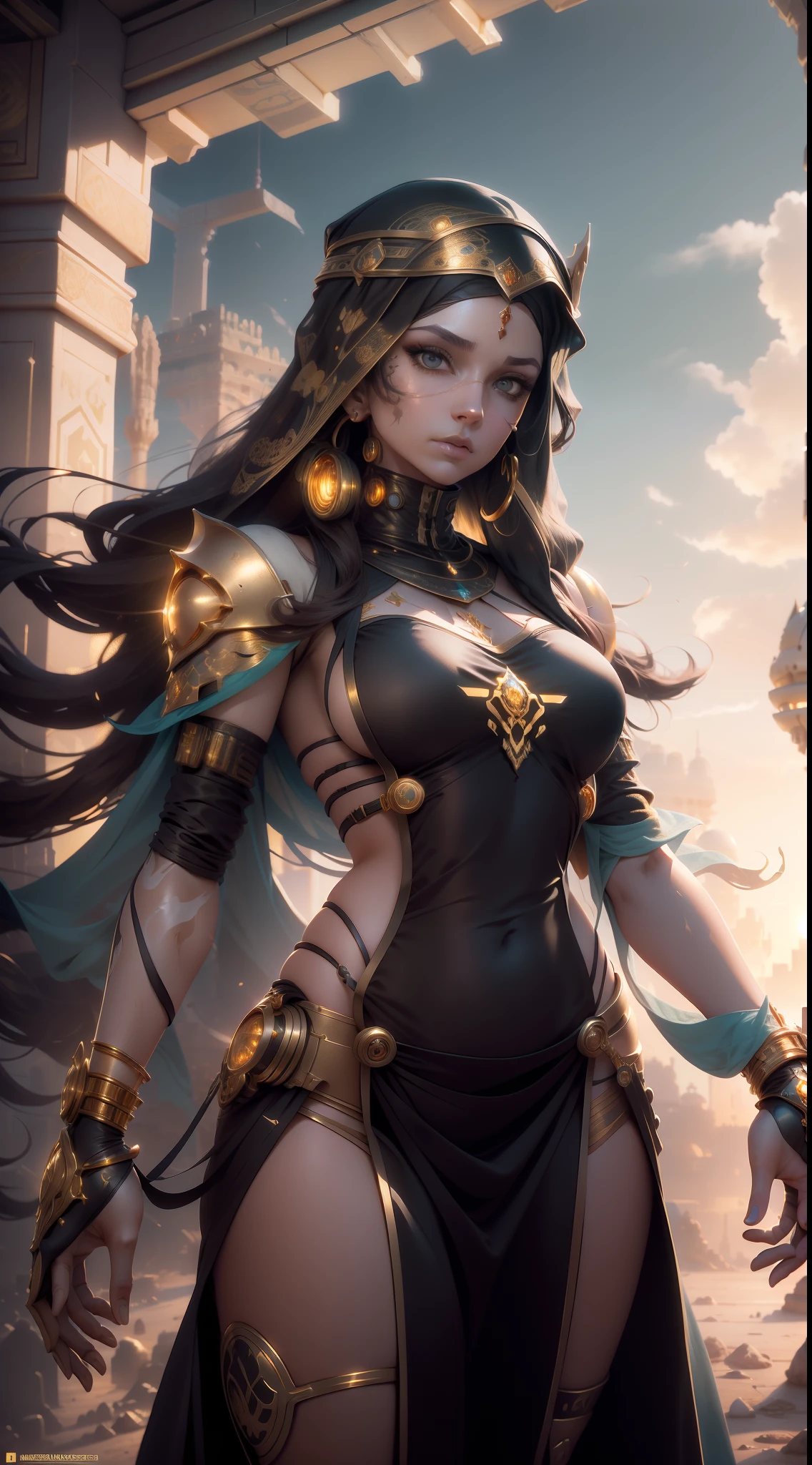 a beautiful dark elf girl in an egyptian setting, detailed face with seductive gaze, delicate features, large breasts, intricate jewelry and clothing, dramatic lighting, fantasy art style, cinematic composition, highly detailed, 8k, photorealistic