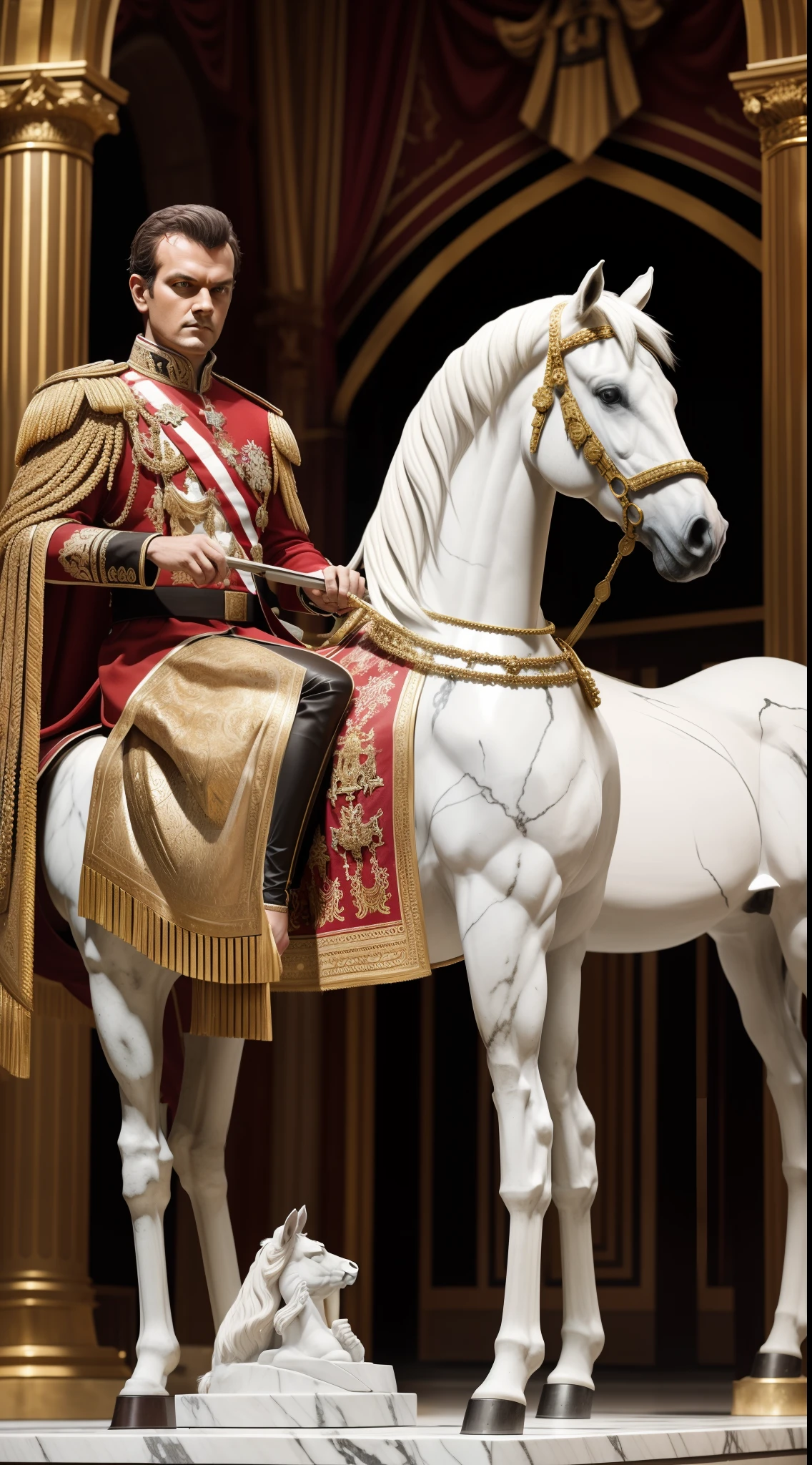 Create an image of Caligula standing proudly next to his horse, Incitatus, who is adorned with regal decorations, in a marble stable with a sense of grandeur.