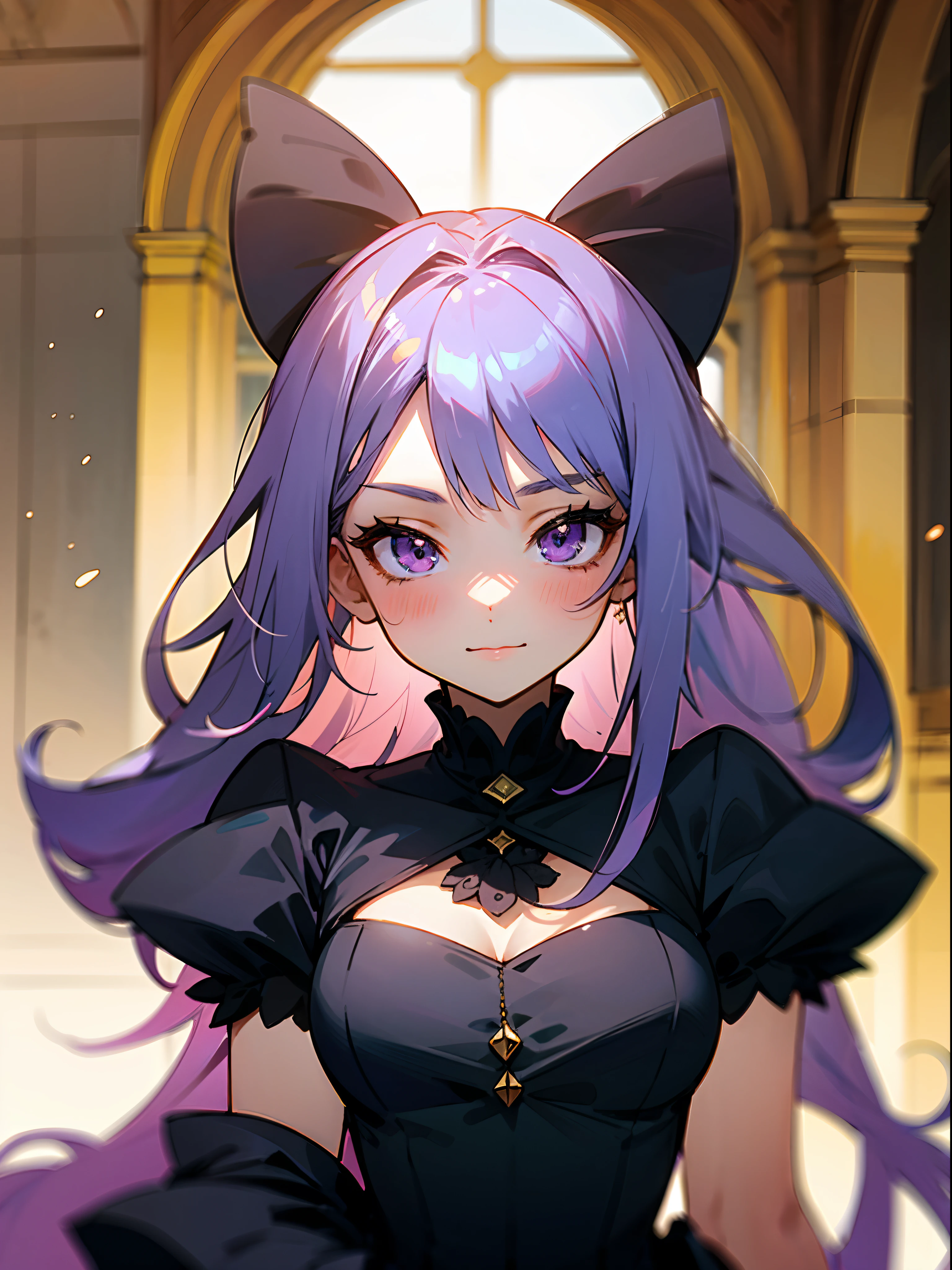 Anime girl with white long hairs, purple eyes, medieval morning, castle hall, black dress, blush, 4k, high quality, supersharp, masterpiece, beautiful woman, perfect body, perfect face, cute face,