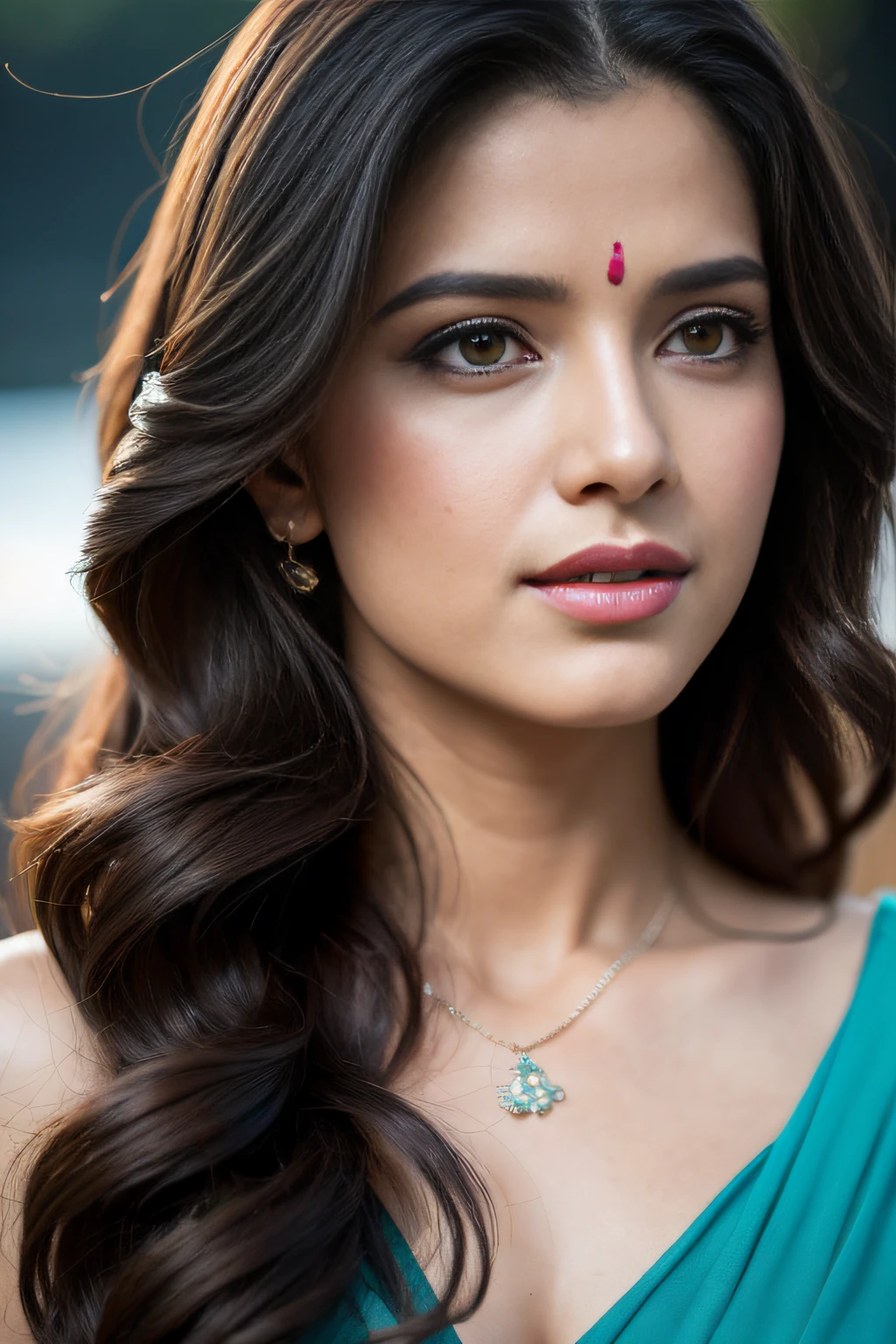 topless Portrait of A confident-looking indian woman with long flowing hair, hazel eyes, wearing silk saree, jewellery, c-cup breast sitting on water, club background, bokeh perfect composition, hyperrealistic, super detailed, 8k, high quality, trending art, trending on artstation, sharp focus, street photo, intricate details, highly detailed, art by greg rutkowski