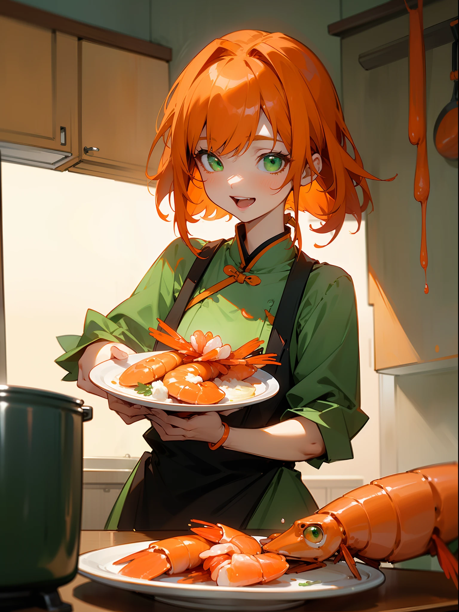 ​masterpiece、top-quality、hight resolution、profetional lighting、anime styled、Details of the face and clothes、(1girl in、独奏、Competing Art、Orange hair、Green eyes、Laugh、Cooking in the kitchen、Cooking shrimp on a plate)