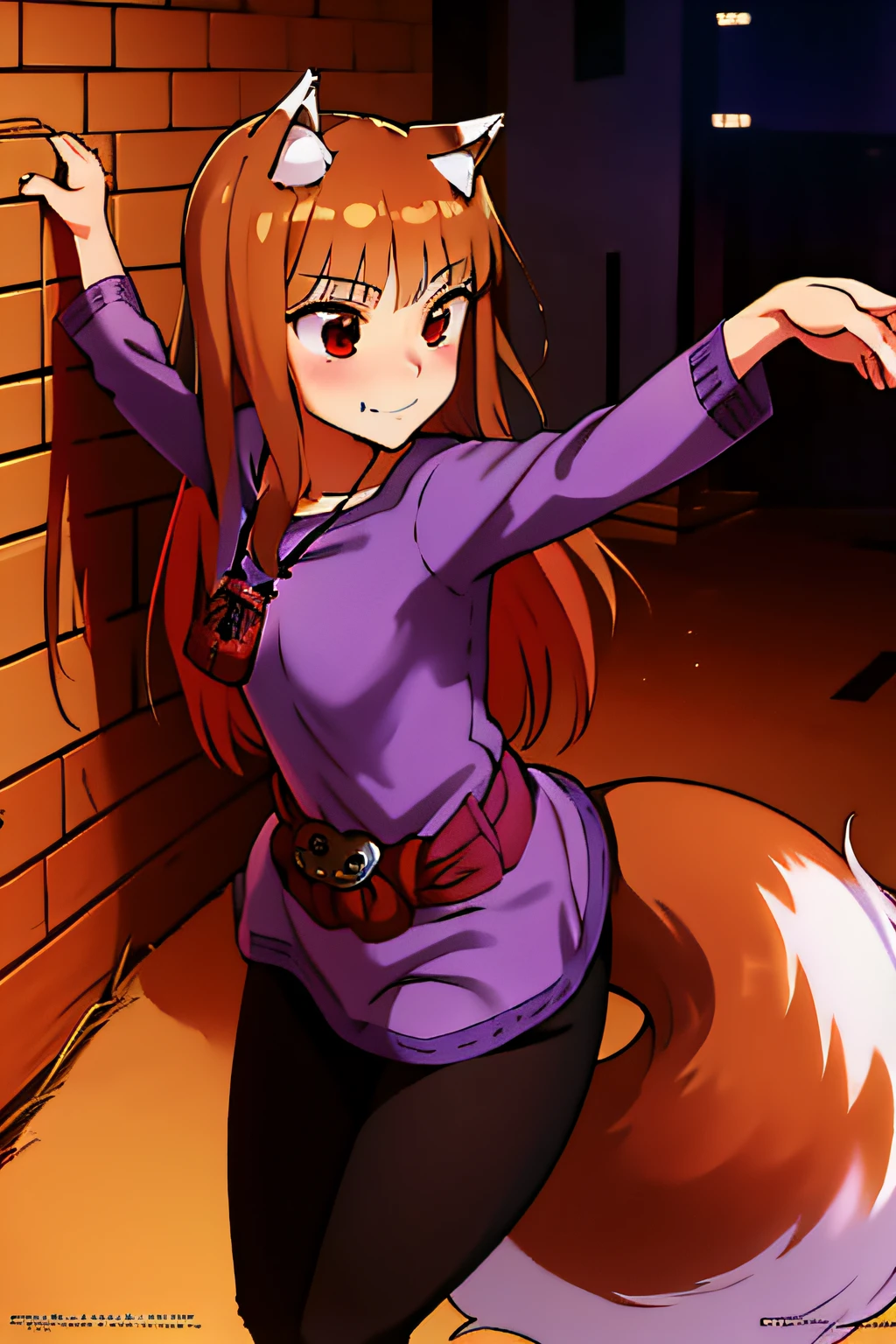 absurdres, best quality, masterpiece, novel illustration,(spice and wolf), (((holo))), (spicytail), (koume keito:1), (ayakura juu:1), (kawakami rokkaku:1), looking at viewer, wolf_ears, wolf_girl, wolf_tail, holo, animal_ears, 1girl, long_hair, brown_hair, purple_shirt, solo, brick_wall, pouch, fang, red_eyes, smile, barrel, dancing, side view