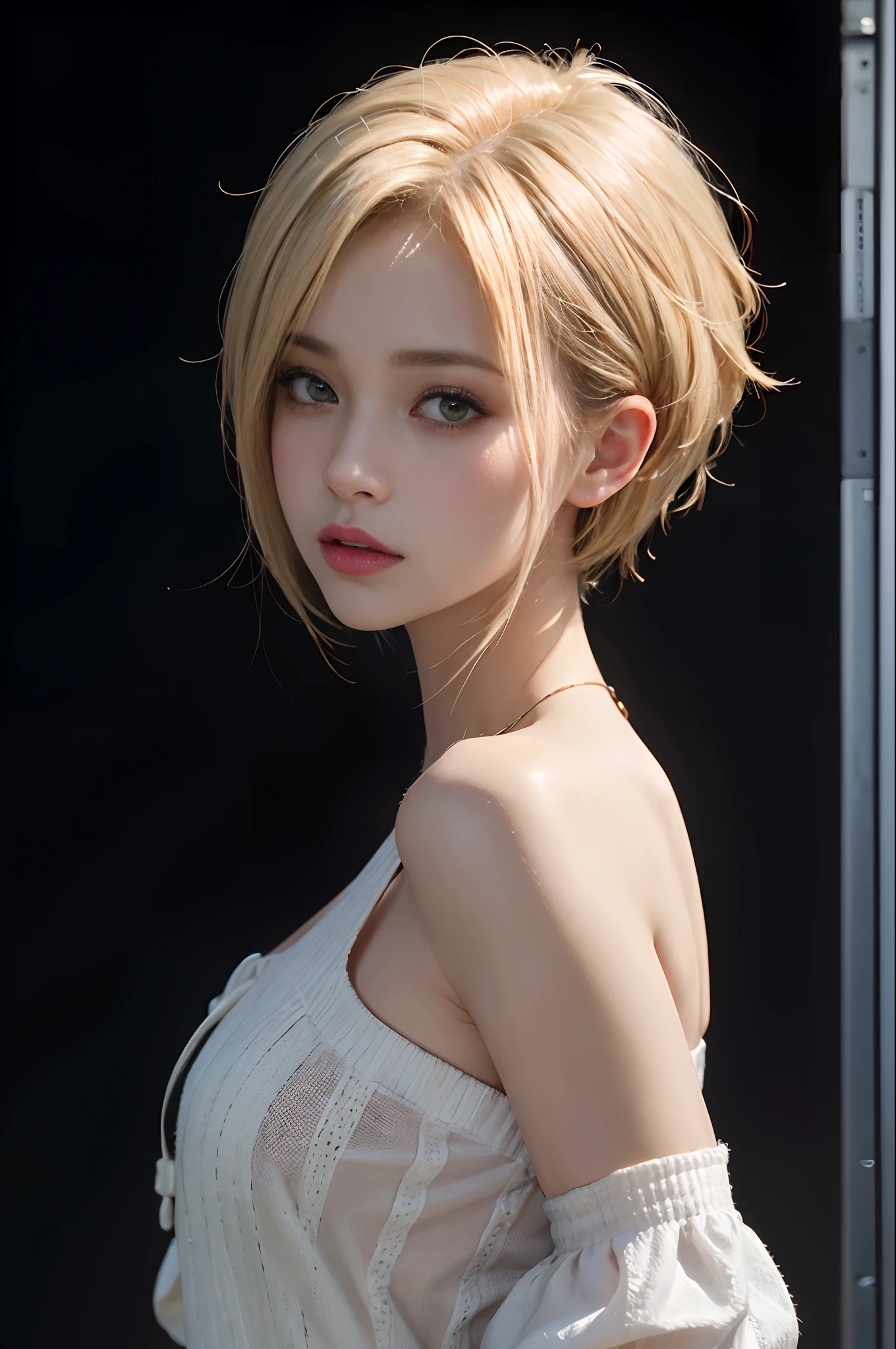 ((She was wearing a very thin and transparent camisole.))Cute Japanese Girls, You can clearly see the shape of the chest, The chest area is transparent, The fabric is thin, Wet Skin, Fresh skin, long nipples, Short pastel blonde hair with princess cut and bangs, Downtown at night、Perfect Anatomy, Centered, Near perfect, dynamic, Very detailed, smooth sharp focus, Full Body Shot, 8k, Tabletop, Fine details, Rich colors, Intricate details