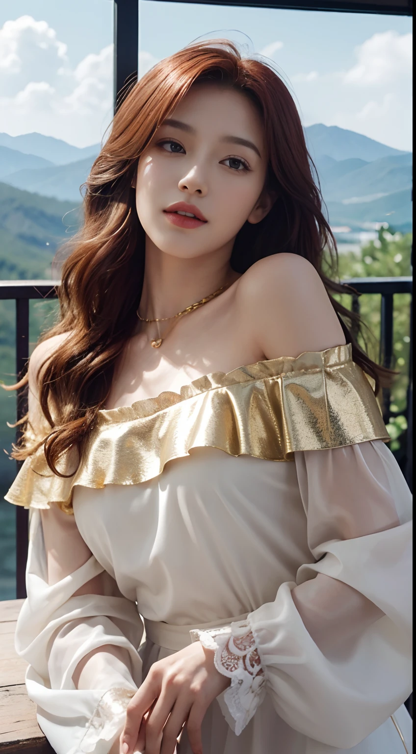 photorealisti, surrealism painting, Photorealistic realism, (extremelydetailed8Kwallpaper), (Extremely refined and beautiful), (tmasterpiece), (best qualtiy: 1.5), (超高分辨率: 1.3), Detailed skins, ultra - detailed, (Long curly hair:1.2), ssmile, red_hair, A gentle breeze blows, diamond_necklace, full_body, white_off_the_shoulder_shirt_with_bobo_sleeves, gold_lace, (mountain_top: 1.6), (colorful_clouds), realistic shaded,
