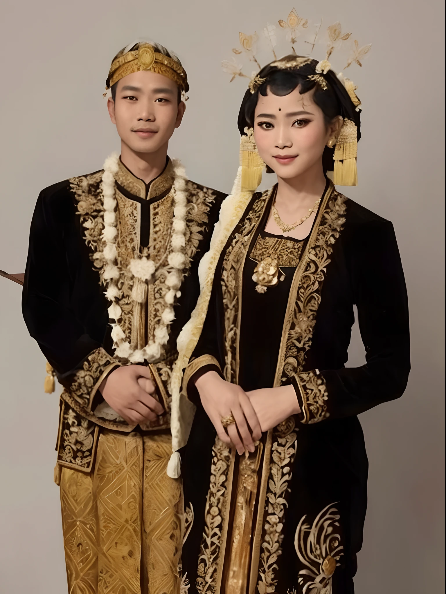 a close up of two people in traditional clothing posing for a picture, traditional dress, traditional clothes, traditional clothing, traditional, wearing traditional garb, wearing authentic attire, traditional costume, batik, lovely couple, traditional beauty, wearing ornate clothing, ornate attire, couple, by I Ketut Soki, traditional art, in dark robes with gold accents