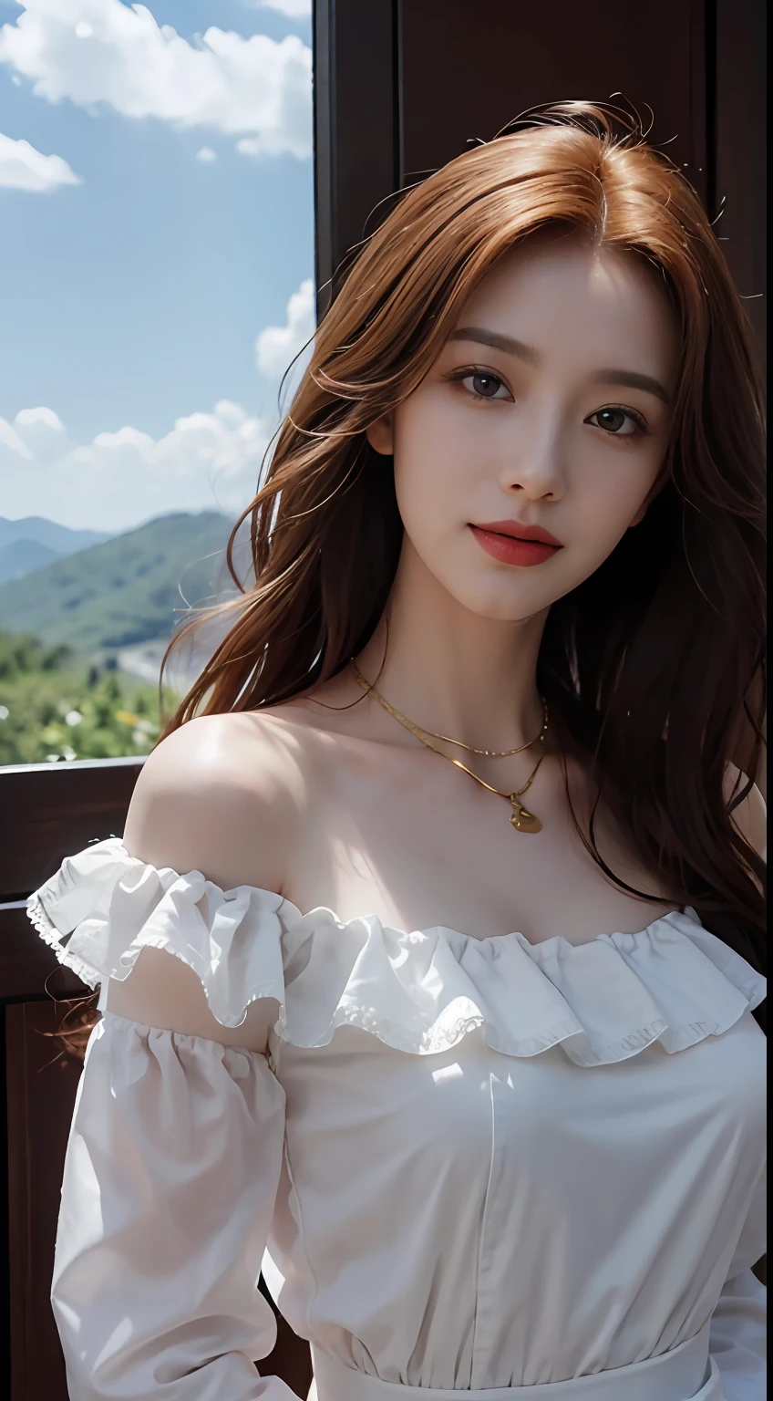 photorealisti, surrealism painting, Photorealistic realism, (extremelydetailed8Kwallpaper), (Extremely refined and beautiful), (tmasterpiece), (best qualtiy: 1.5), (超高分辨率: 1.3), Detailed skins, ultra - detailed, (Long curly hair:1.2), ssmile, red_hair, A gentle breeze blows, diamond_necklace, full_body, white_off_the_shoulder_shirt_with_bobo_sleeves, gold_lace, (mountain_top: 1.6), (colorful_clouds), realistic shaded,