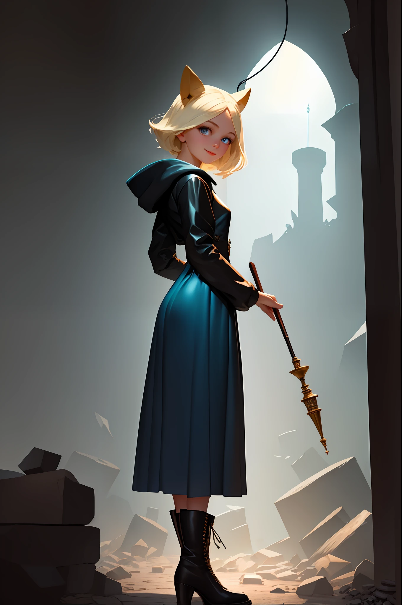 Top image quality、masterpiece、Leyendecker's style、Fantasy 3D、The underground maze of the old castle、Nordic beautiful girl、The iris is blue、Smirking expression、Pretty small face、Light makeup、Two cat ears on the head、Platinum blonde short hair、tiny chest、short waist、Big ass、Float in a corridor of crumbled stones、alchemist、Full body like、She holds a magic wand in her right hand、Gothic dress with long sleeves、long skirt、Leather boots、The room at the end of the passage glows blue.、Faceless figure standing in a hood、holding lantern、Lots of glowing spheres、rubble、thirds rule、Ultra-wide low-angle