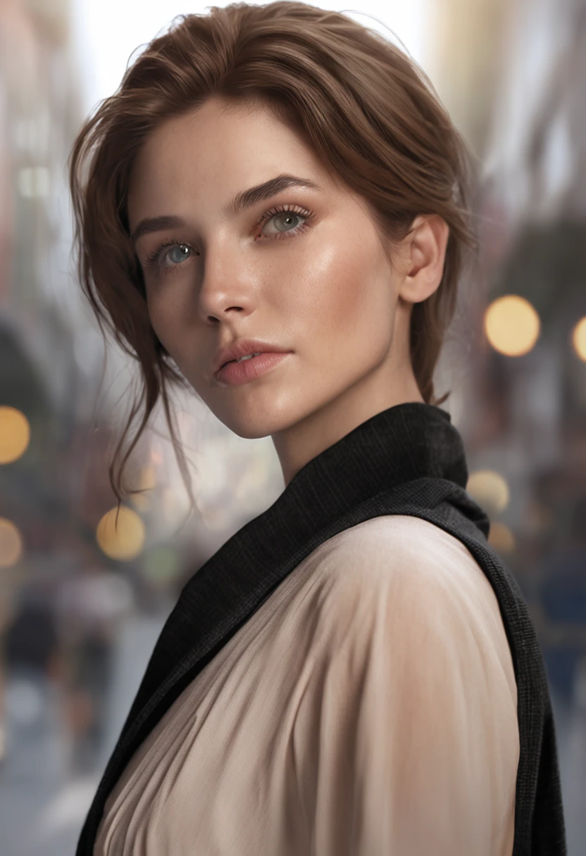 (1girl:1.3, solo), (Masterpiece, best quality, photorealistic, highres, photography, :1.3), ultra-detailed, sharp focus, professional photo, commercial photo, (upper body:1.3, bust-up portrait), BREAK, 1 brunette girl, solo, European girl, hot model, highly detailed eyes and pupils, realistic skin, (attractive body, medium-large breast:1.25, cleavage), extremely detailed hair, delicate sexy face, sensual gaze, shiny lips, BREAK, ((wearing a black turtleneck sweater:1.3, sleeveless, lapped plaid-pattern-skirt)), (outdoor, night, Broadway street, blurry background, simple background, no human background:1.25), (standing, attractive posing, arms down, arms behind back), ((realistic, super realistic, realism, realistic detail)), perfect anatomy, perfect proportion, bokeh, depth of field, hyper sharp image, (attractive emotion, seductive smile, :d, ;p),