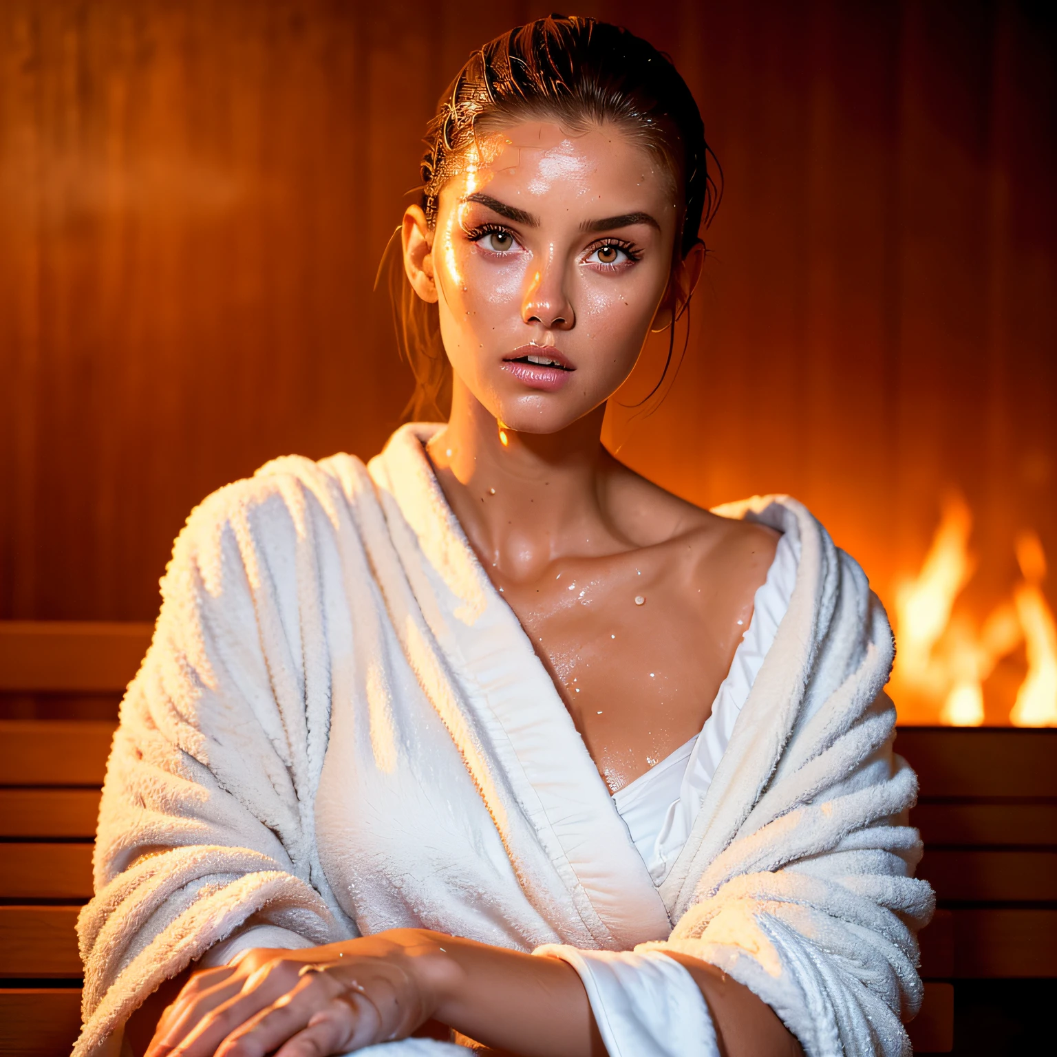 A portrait of a gorgeous model wearing a terrycloth robe sitting in a sauna, cedar walls, rising steam, foggy, white towel, ((wet slicked back hair)), intense gaze, beautiful dark brown eyes, realistic ((sweaty skin)), ultra detailed, soft light, painterly delicate features, super detailed, high resolution, masterpiece, best quality, detailed background