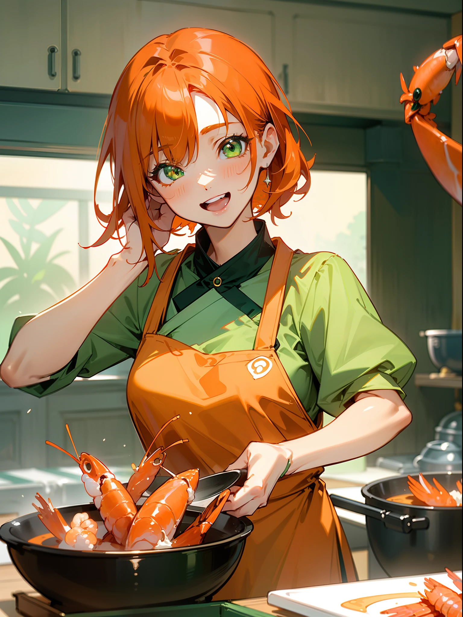 ​masterpiece、top-quality、hight resolution、profetional lighting、anime styled、Details of the face and clothes、(1girl in、独奏、Competing Art、Orange hair、Green eyes、Laugh、Cooking in the kitchen、Cooking shrimp on a plate)