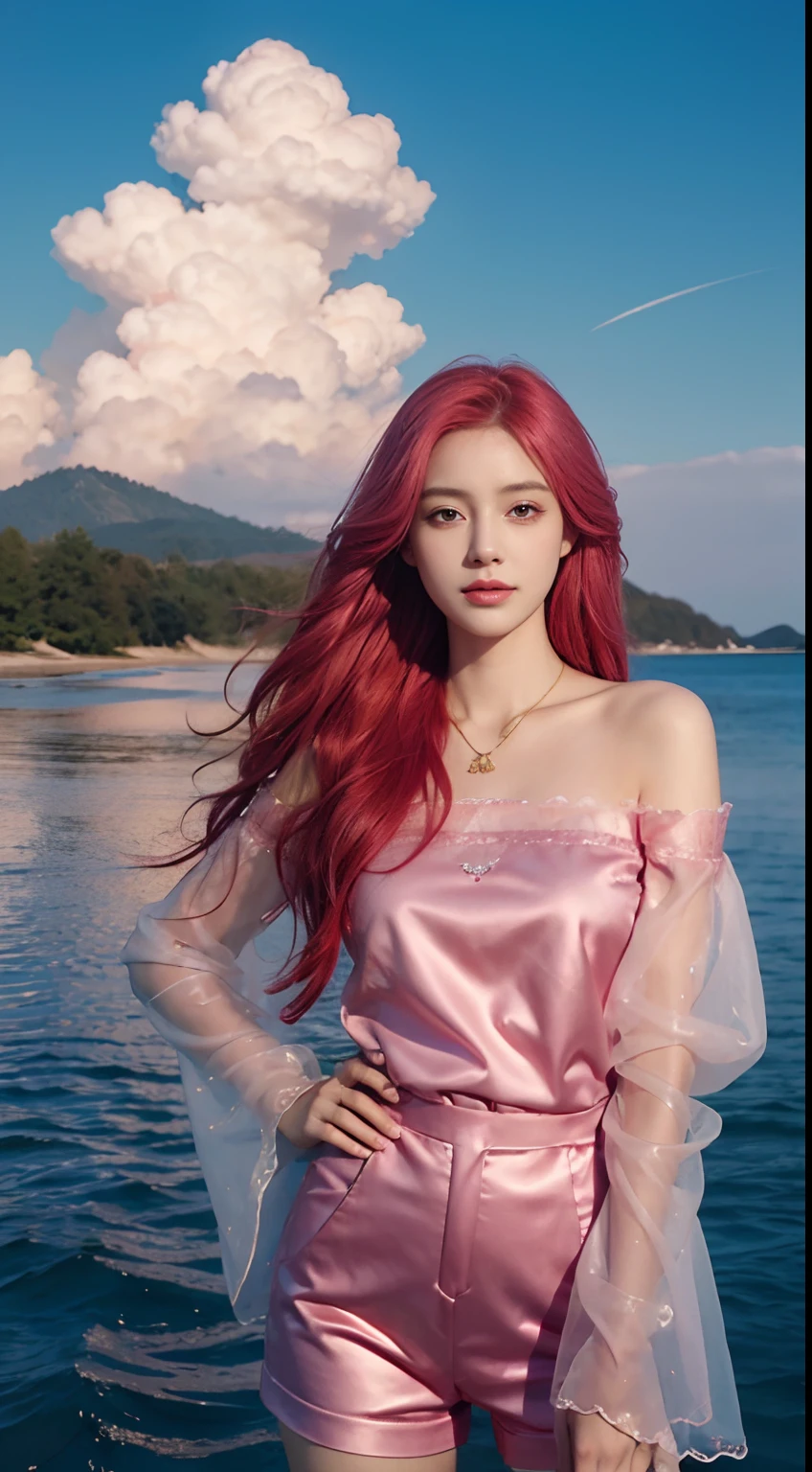 photorealisti, surrealism painting, photorealistic realism, (extremelydetailed8Kwallpaper), (Extremely refined and beautiful), (tmasterpiece), (best qualtiy: 1.5), (超高分辨率: 1.3), Detailed skins, ultra - detailed, (Long pink hair color:1.2), ssmile, Red_Hair, A gentle breeze blows, Diamond_necklace, full_Body, Black transparent_Off_The_Shoulder_shirt_with_wave_Sleeves, gold_Lace, (Mountain_Top: 1.6), (Colorful_Clouds), realistic shaded,