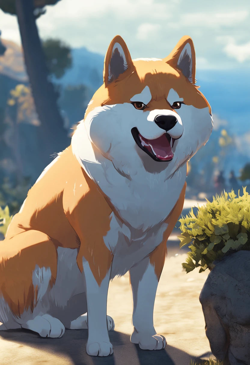 Obra maestra, La mejor calidad, (CG 8k fondo de pantalla muy detallado), (La mejor calidad), (best illustration), (Las mejores sombras), Sprite brillante, Image from Japanese anime, un perro macho Akita inu reemplaza el pelaje por color azul, con la boca cerrada, en estilo detallado y delicado, flores, with vibrant lighting and realistic shadows, alta calidad, 8k