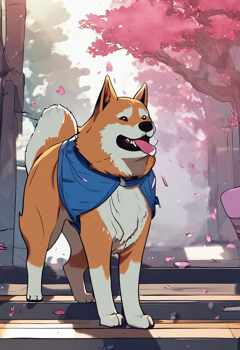 Obra maestra, La mejor calidad, (CG 8k fondo de pantalla muy detallado), (La mejor calidad), (best  illustration), (Las mejores sombras), Sprite brillante, Image from Japanese anime, un perro macho Akita inu reemplaza el pelaje por color azul, con la boca cerrada, en estilo detallado y delicado, flores, with vibrant lighting and realistic shadows, alta calidad, 8k