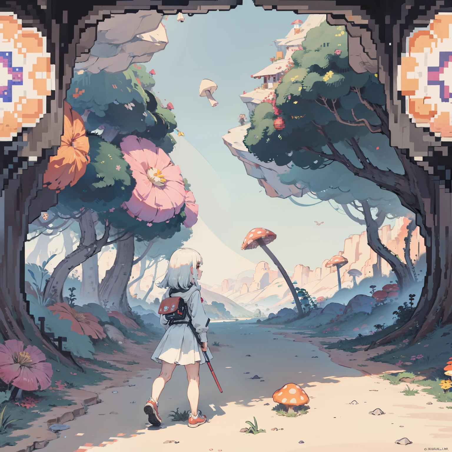 A kaleidoscopic exploration of the psychedelic mushroom kingdom. Pixel art #pixelart，elementary student，bit girl，with short white hair，landscape