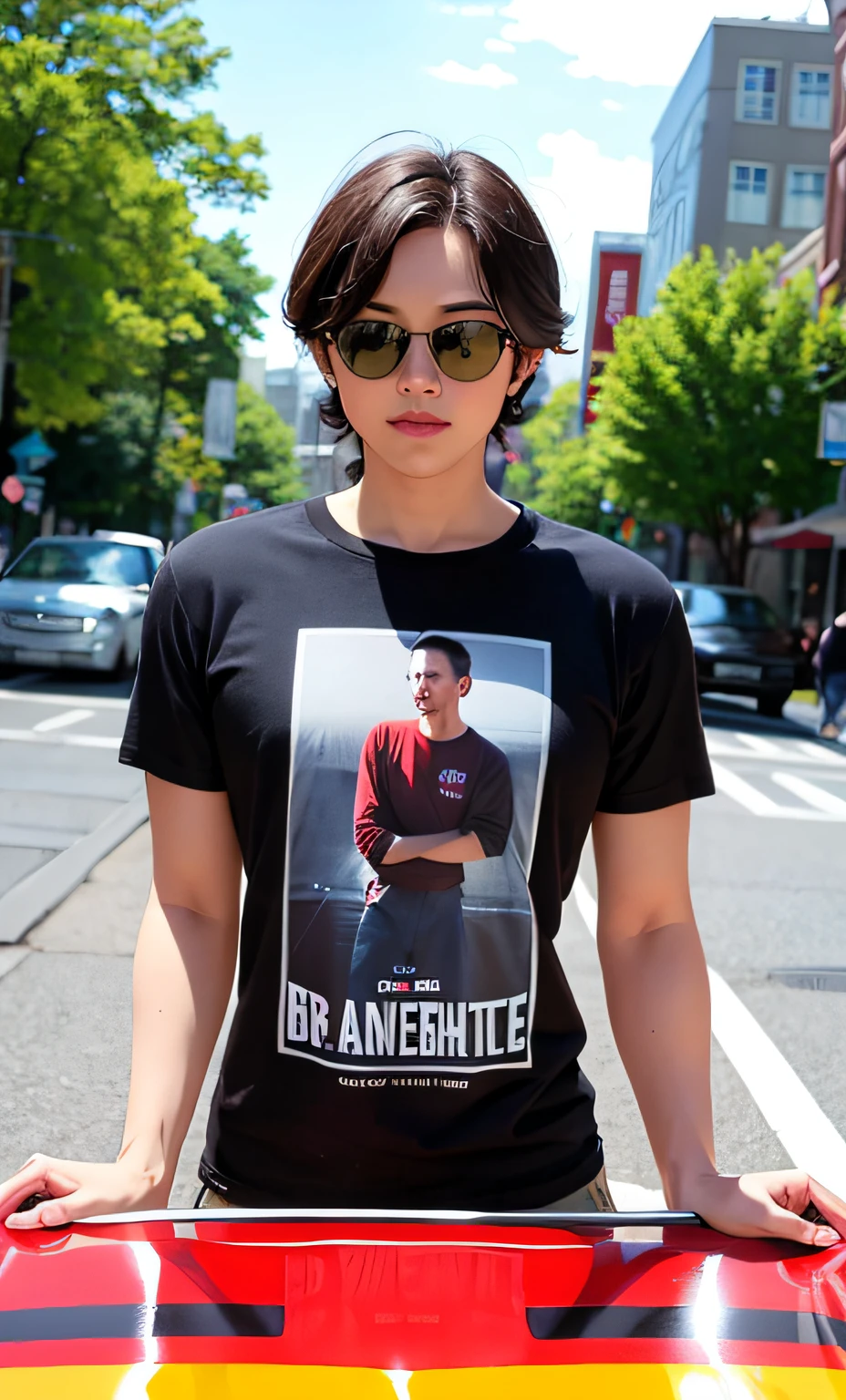 Garment: T-shirt with the image of a vintage car or a movie poster.